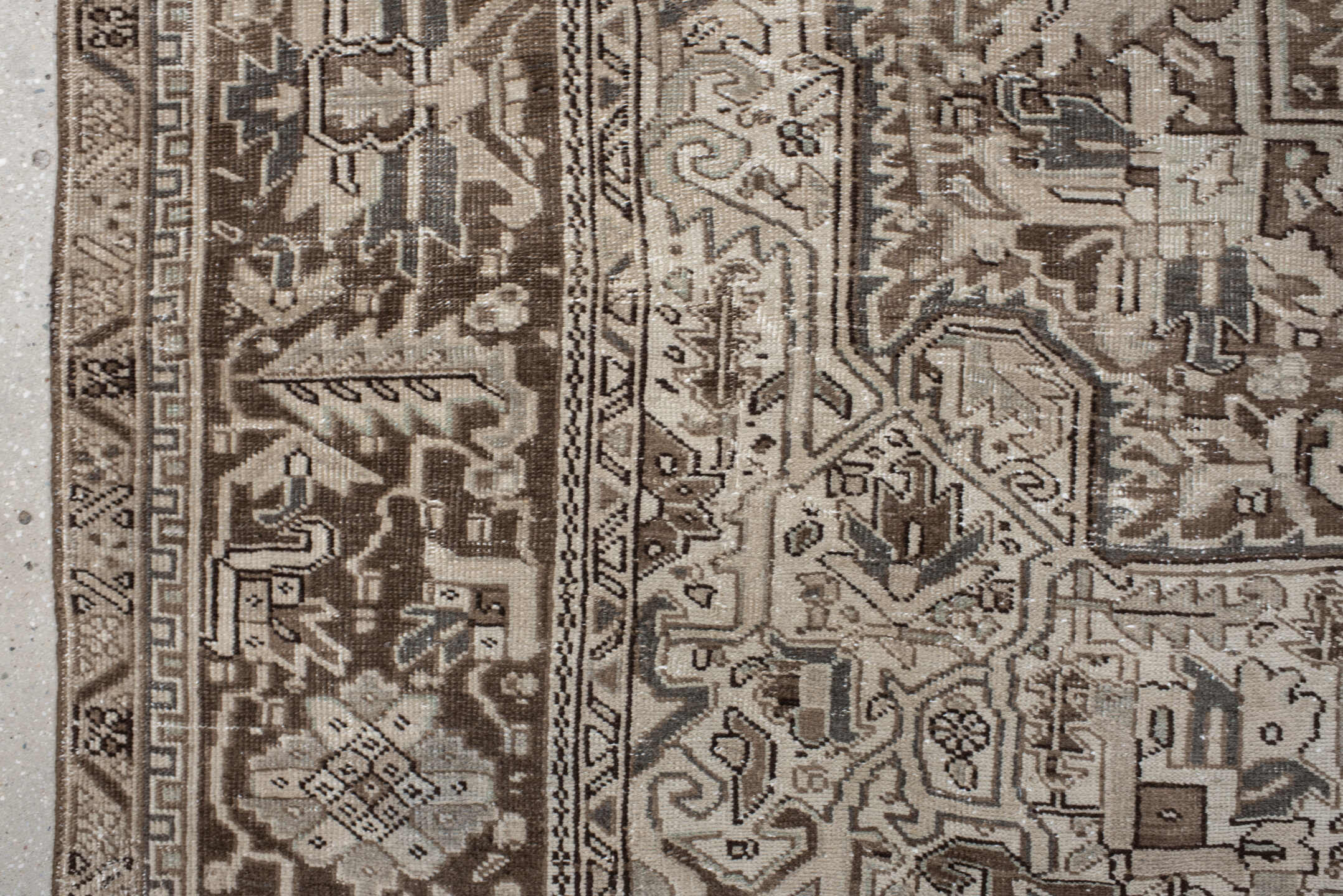 9' x 11' one-of-a-kind handmade vintage Heriz large size rug. Color palette: taupe, ivory, brown, camel, charcoal, sage