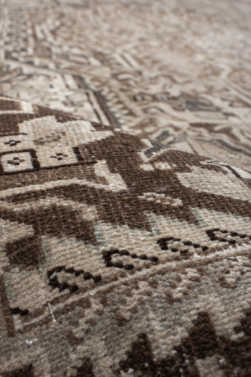 9' x 11' one-of-a-kind handmade vintage Heriz large size rug. Color palette: taupe, ivory, brown, camel, charcoal, sage
