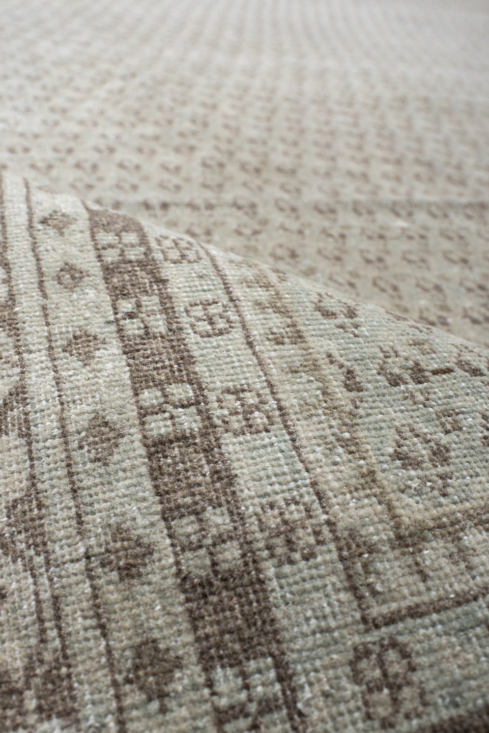10' x 13' one-of-a-kind handmade vintage Mir large size rug. Color palette: ivory, taupe, beige, sand, camel, light brown