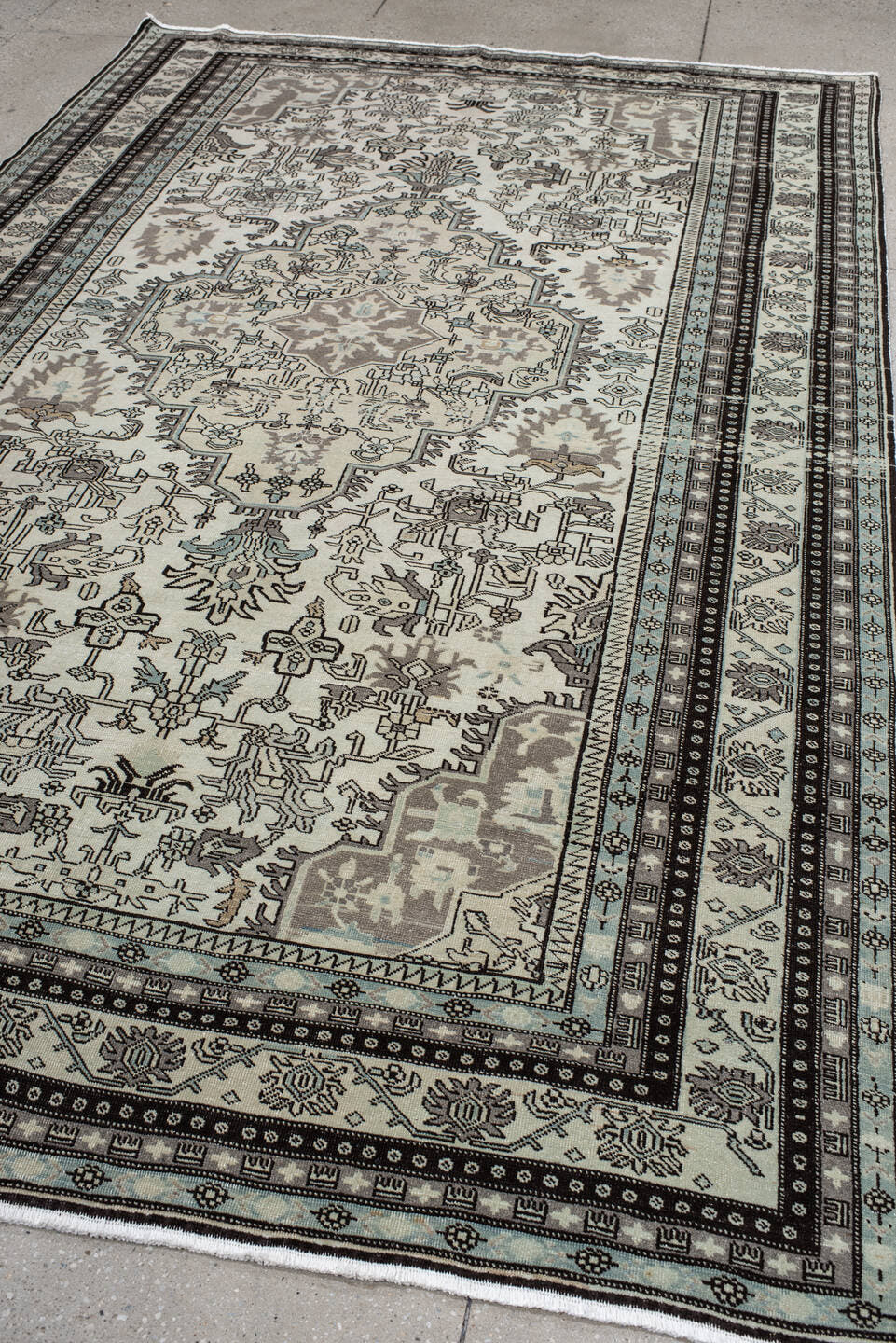 6' x 10' one-of-a-kind handmade vintage Ardebil large size rug. Color palette: ivory, taupe, charcoal, sky_blue, brown