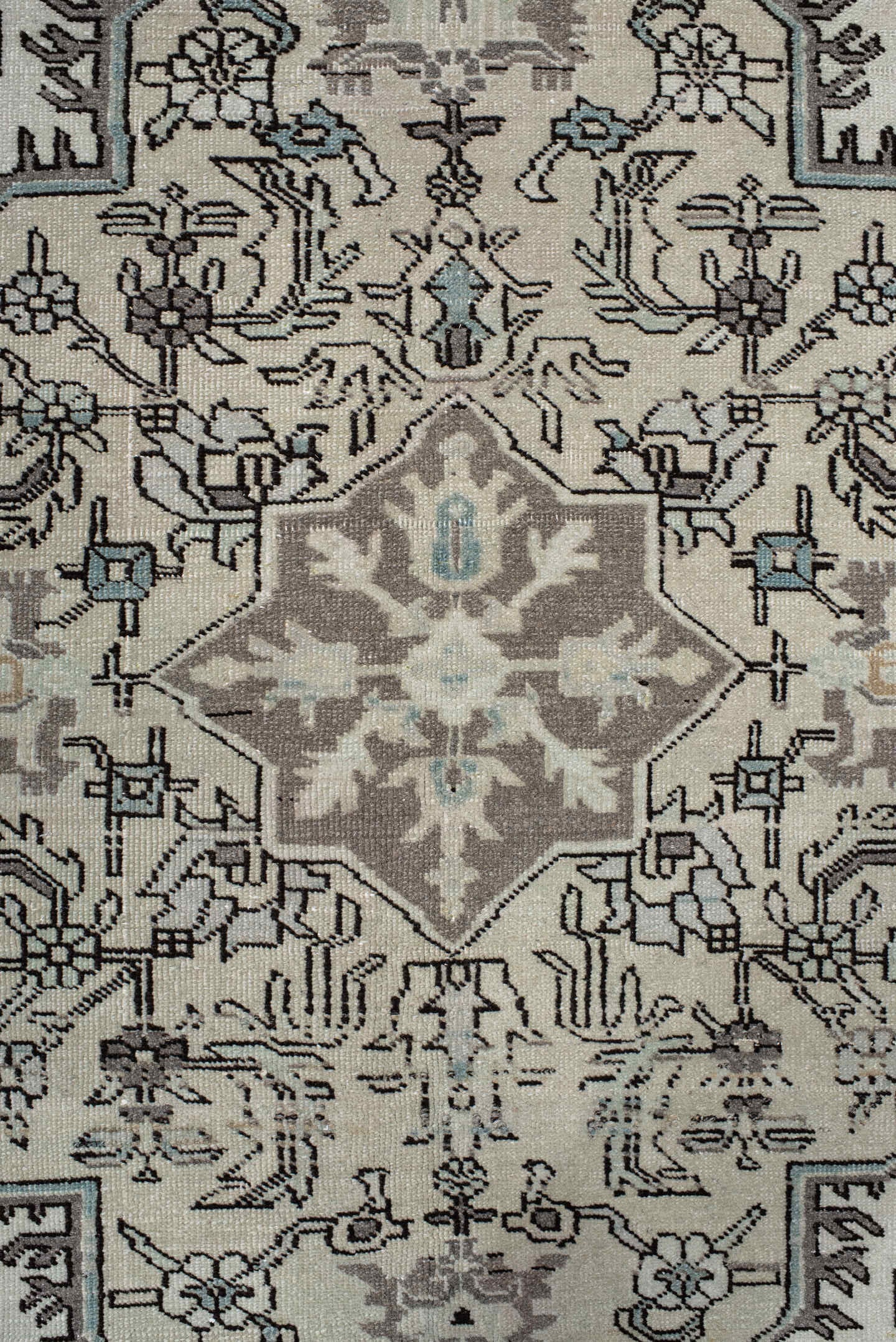 6' x 10' one-of-a-kind handmade vintage Ardebil large size rug. Color palette: ivory, taupe, charcoal, sky_blue, brown