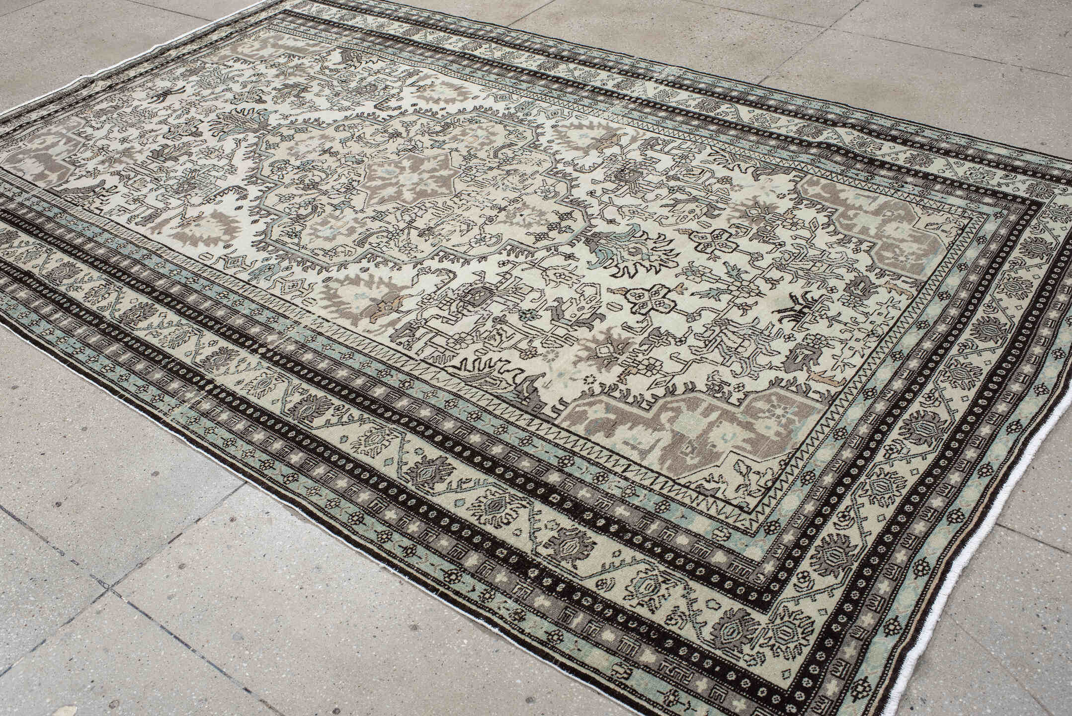 6' x 10' one-of-a-kind handmade vintage Ardebil large size rug. Color palette: ivory, taupe, charcoal, sky_blue, brown