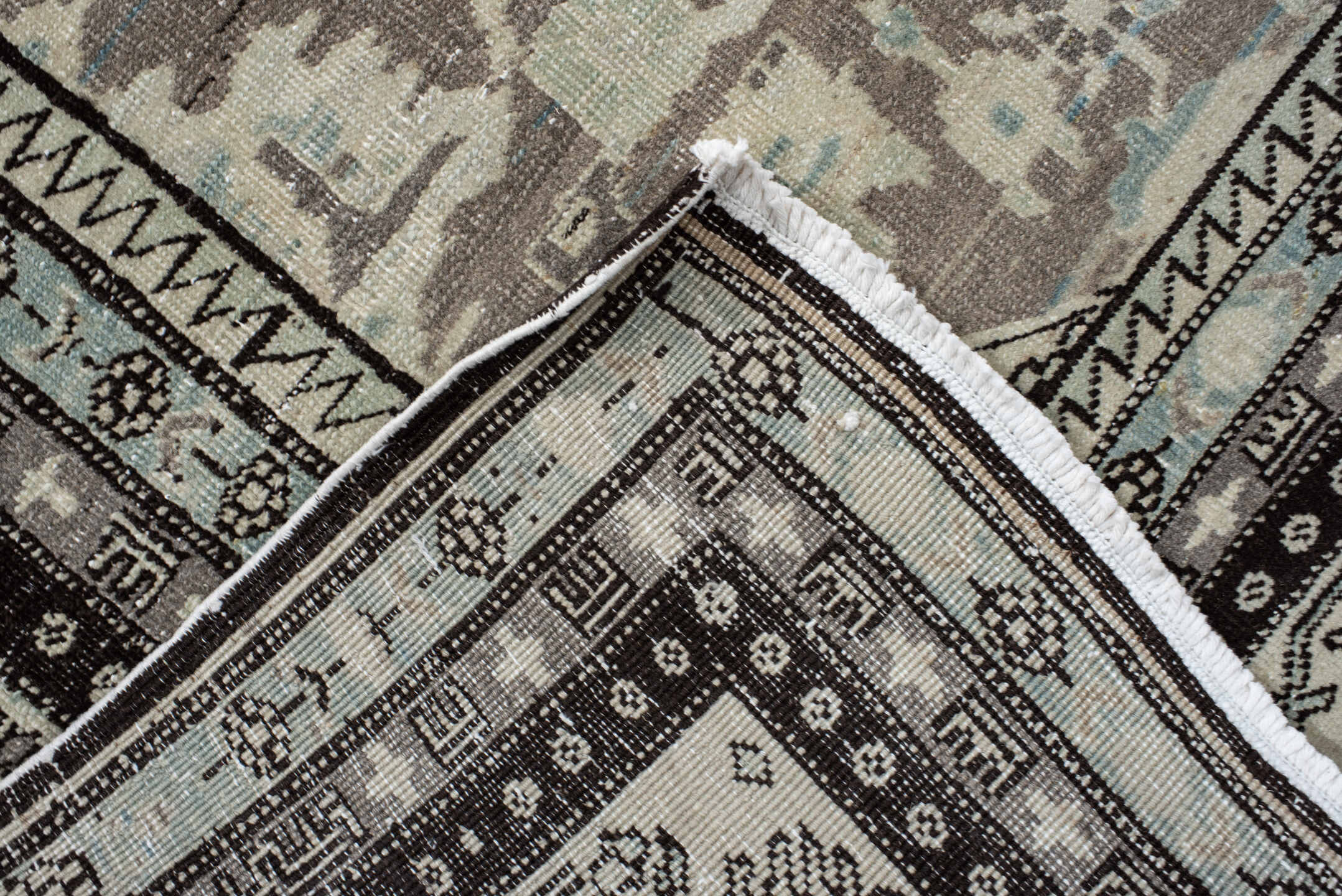 6' x 10' one-of-a-kind handmade vintage Ardebil large size rug. Color palette: ivory, taupe, charcoal, sky_blue, brown