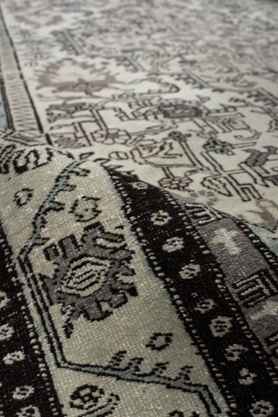 6' x 10' one-of-a-kind handmade vintage Ardebil large size rug. Color palette: ivory, taupe, charcoal, sky_blue, brown