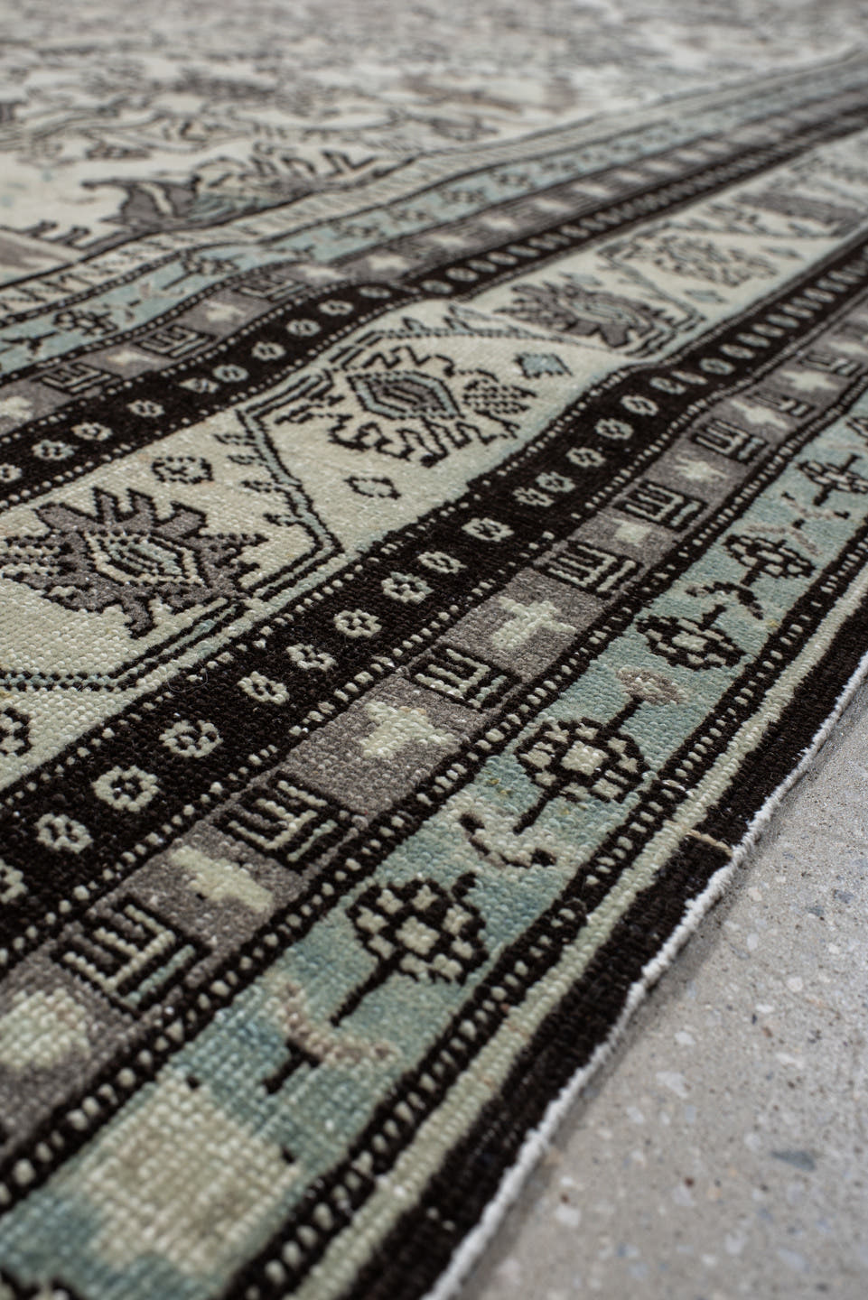 6' x 10' one-of-a-kind handmade vintage Ardebil large size rug. Color palette: ivory, taupe, charcoal, sky_blue, brown