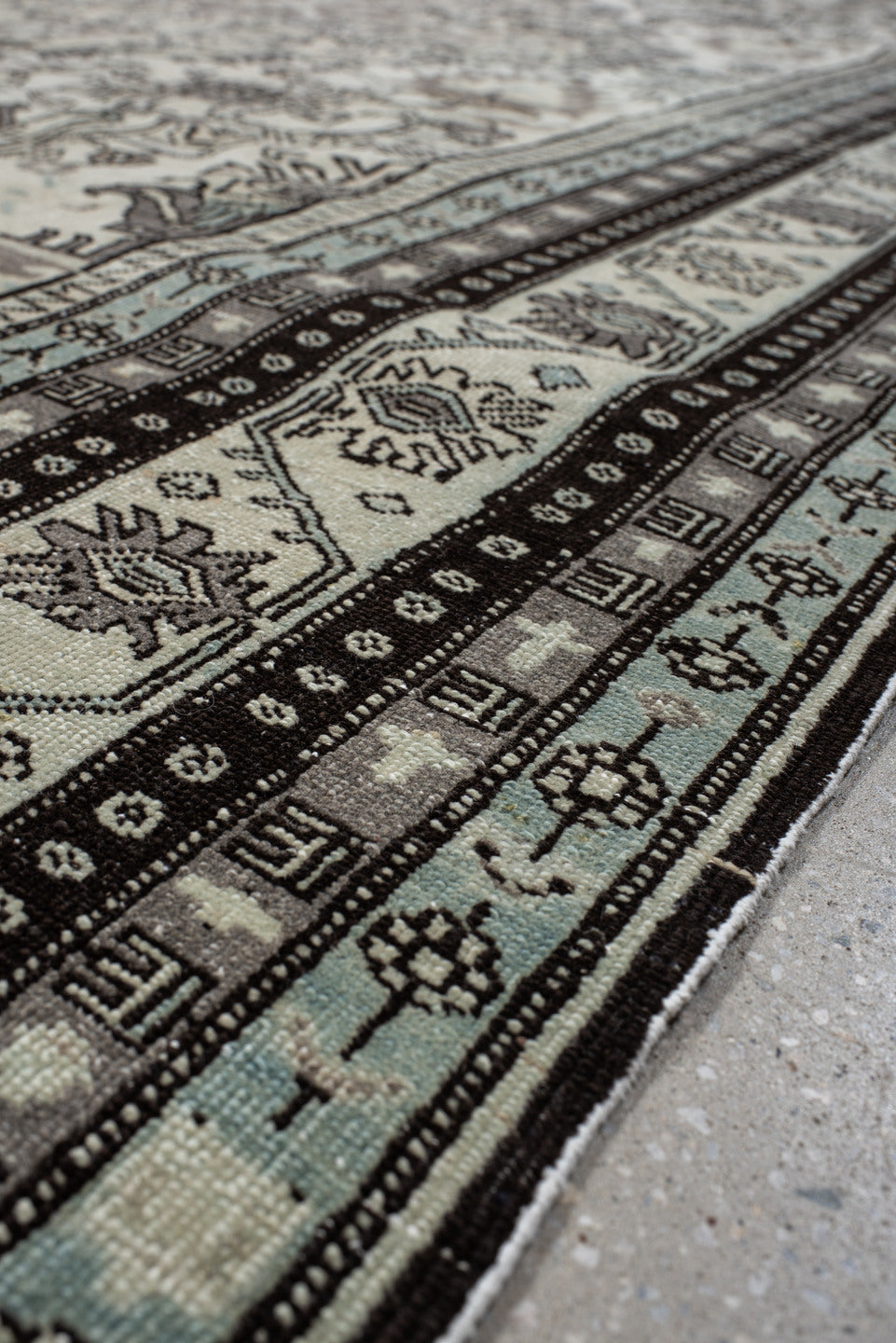 6' x 10' one-of-a-kind handmade vintage Ardebil large size rug. Color palette: ivory, taupe, charcoal, sky_blue, brown