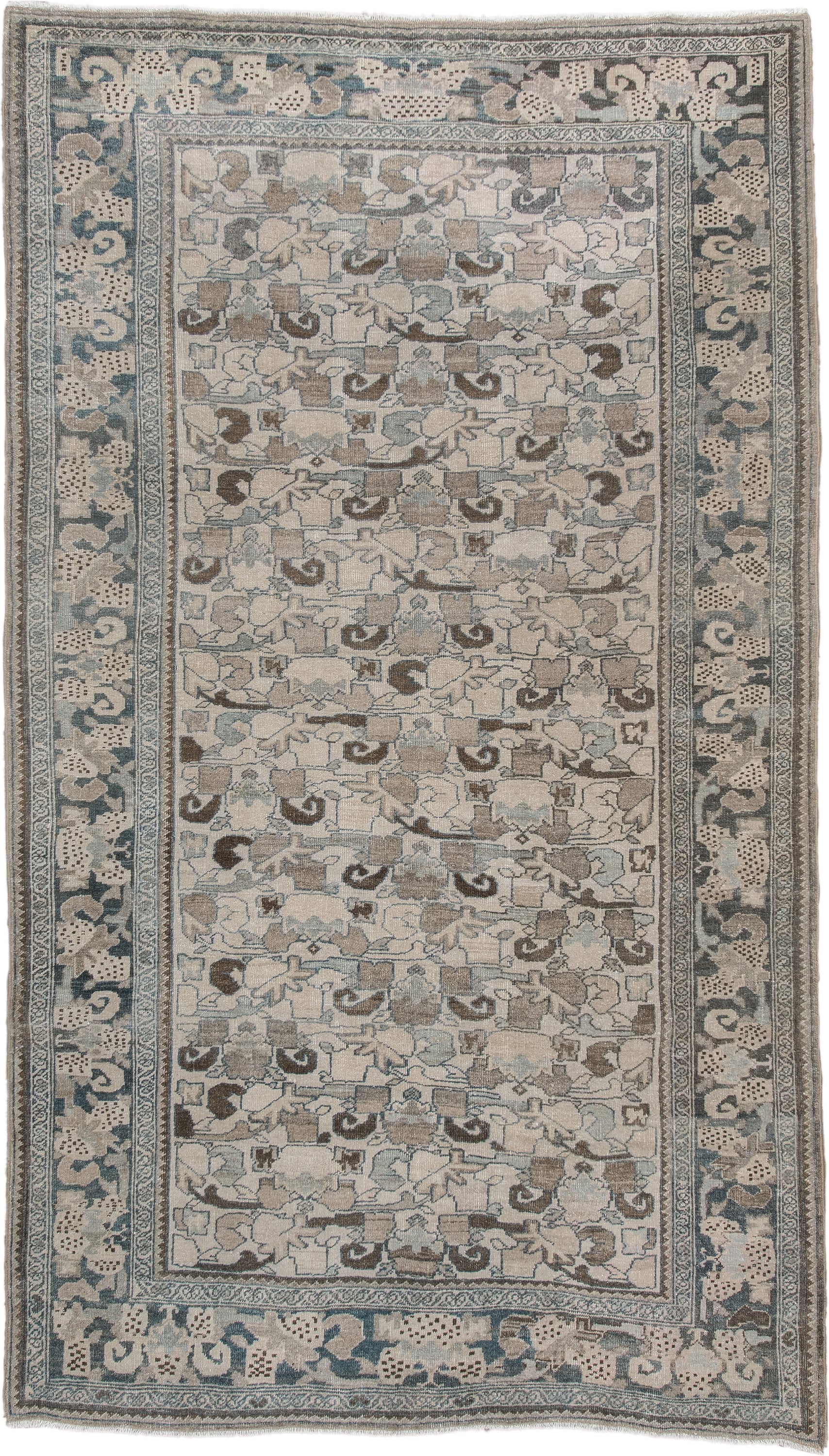 4' x 8' one-of-a-kind handmade vintage Bidjar rug. Color palette: ivory, pale blue, taupe, brown, gray, beige, light blue