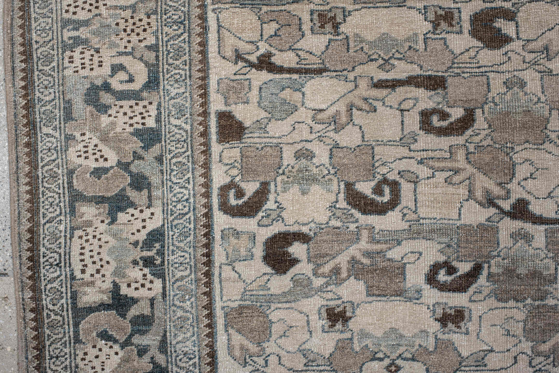 4' x 8' one-of-a-kind handmade vintage Bidjar rug. Color palette: ivory, pale blue, taupe, brown, gray, beige, light blue