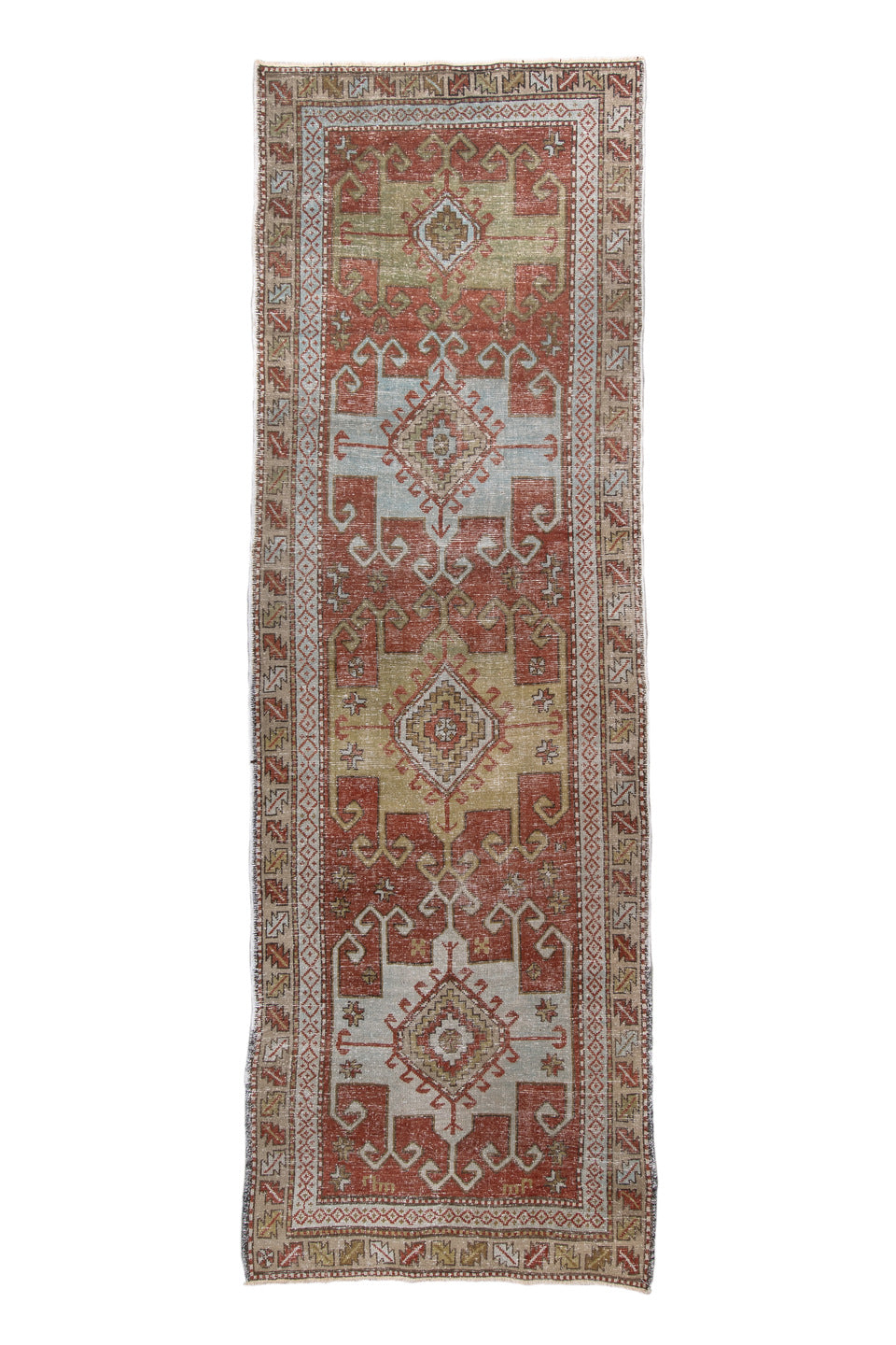 3' x 10' one-of-a-kind handmade vintage NW Persian runner rug. Color palette: rust, ivory, olive, taupe, rose, brown