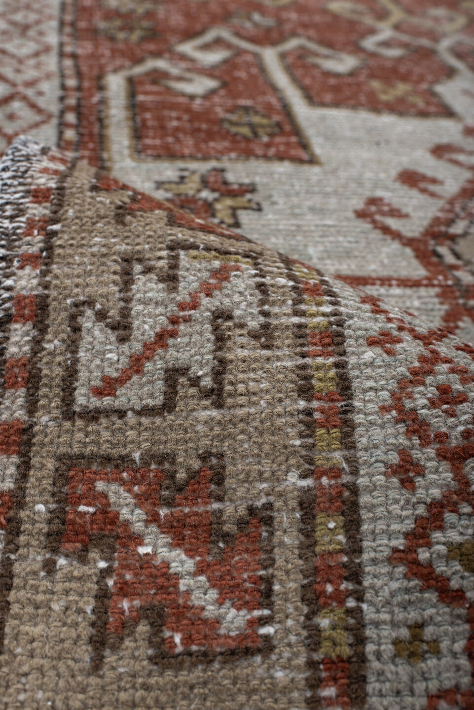 3' x 10' one-of-a-kind handmade vintage NW Persian runner rug. Color palette: rust, ivory, olive, taupe, rose, brown