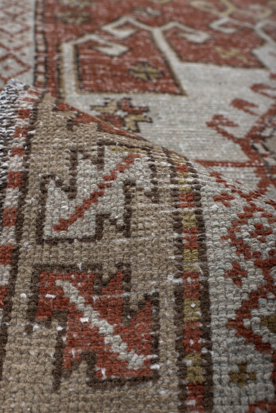3' x 10' one-of-a-kind handmade vintage NW Persian runner rug. Color palette: rust, ivory, olive, taupe, rose, brown