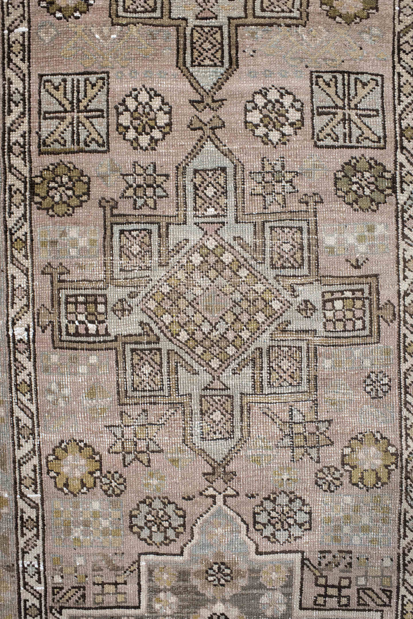 3' x 11' one-of-a-kind handmade vintage NW Persian runner rug. Color palette: taupe, ivory, camel, sage, brown, dusty rose