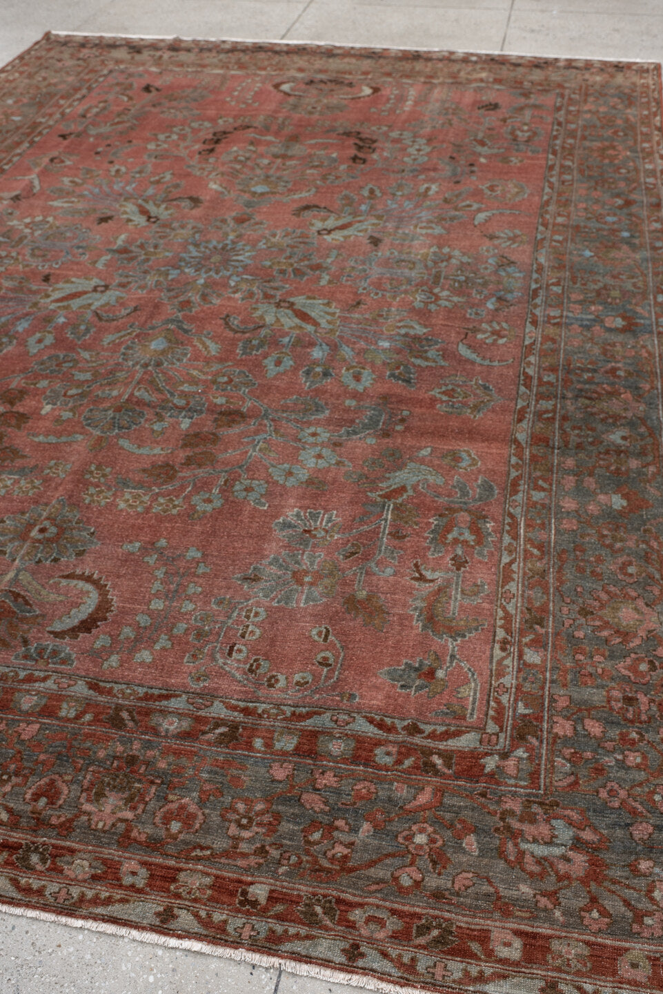 8' x 12' one-of-a-kind handmade vintage Lilian large size rug. Color palette: gray, pink, brown, red, dim gray