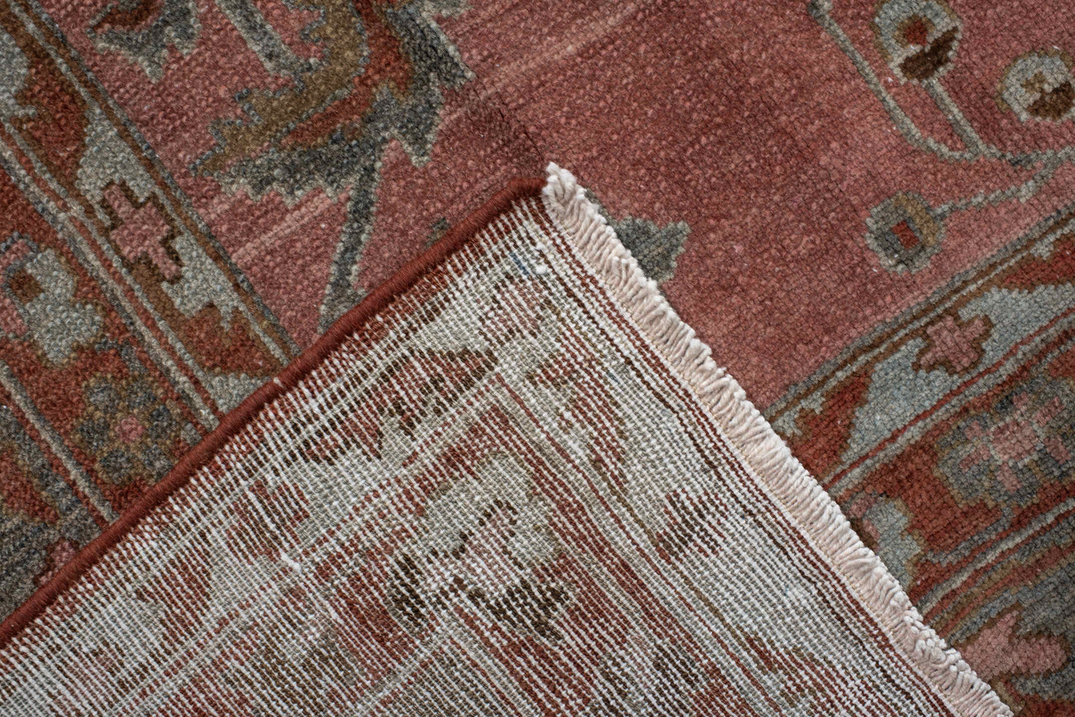 8' x 12' one-of-a-kind handmade vintage Lilian large size rug. Color palette: gray, pink, brown, red, dim gray
