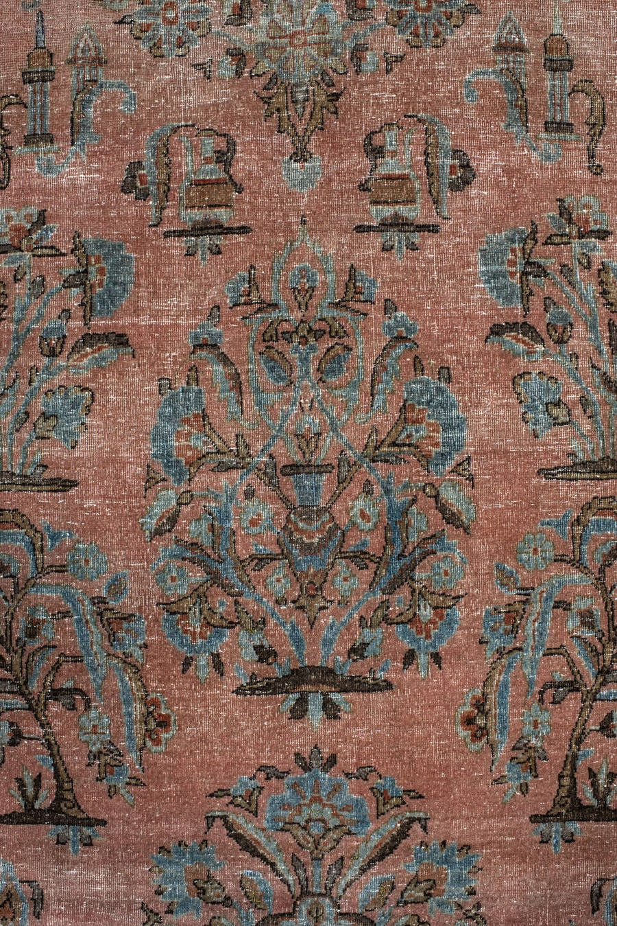 5' x 8' one-of-a-kind handmade vintage Kashan medium size rug. Color palette: blush, aqua, ivory, taupe, rose, brown, pink