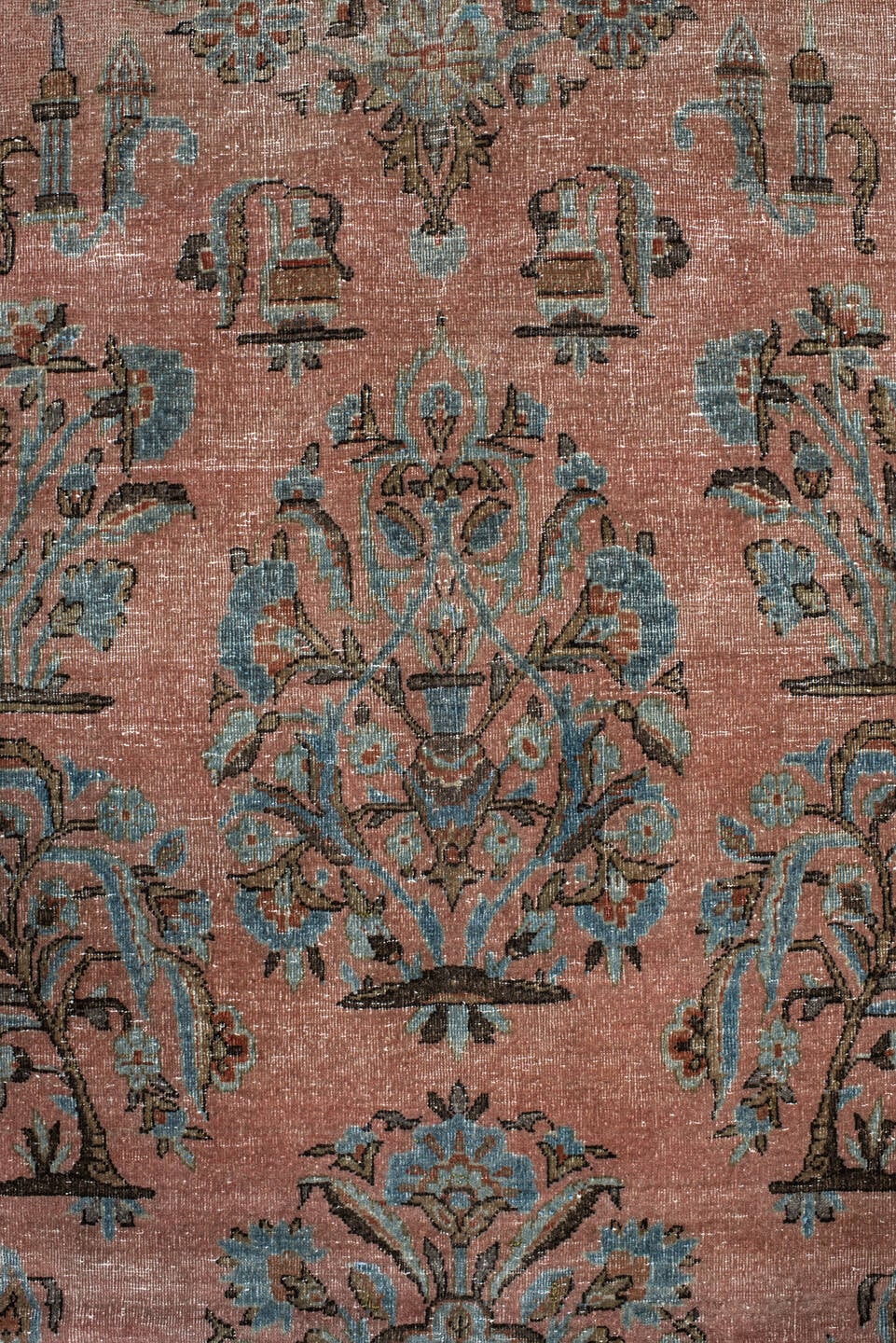 5' x 8' one-of-a-kind handmade vintage Kashan medium size rug. Color palette: blush, aqua, ivory, taupe, rose, brown, pink