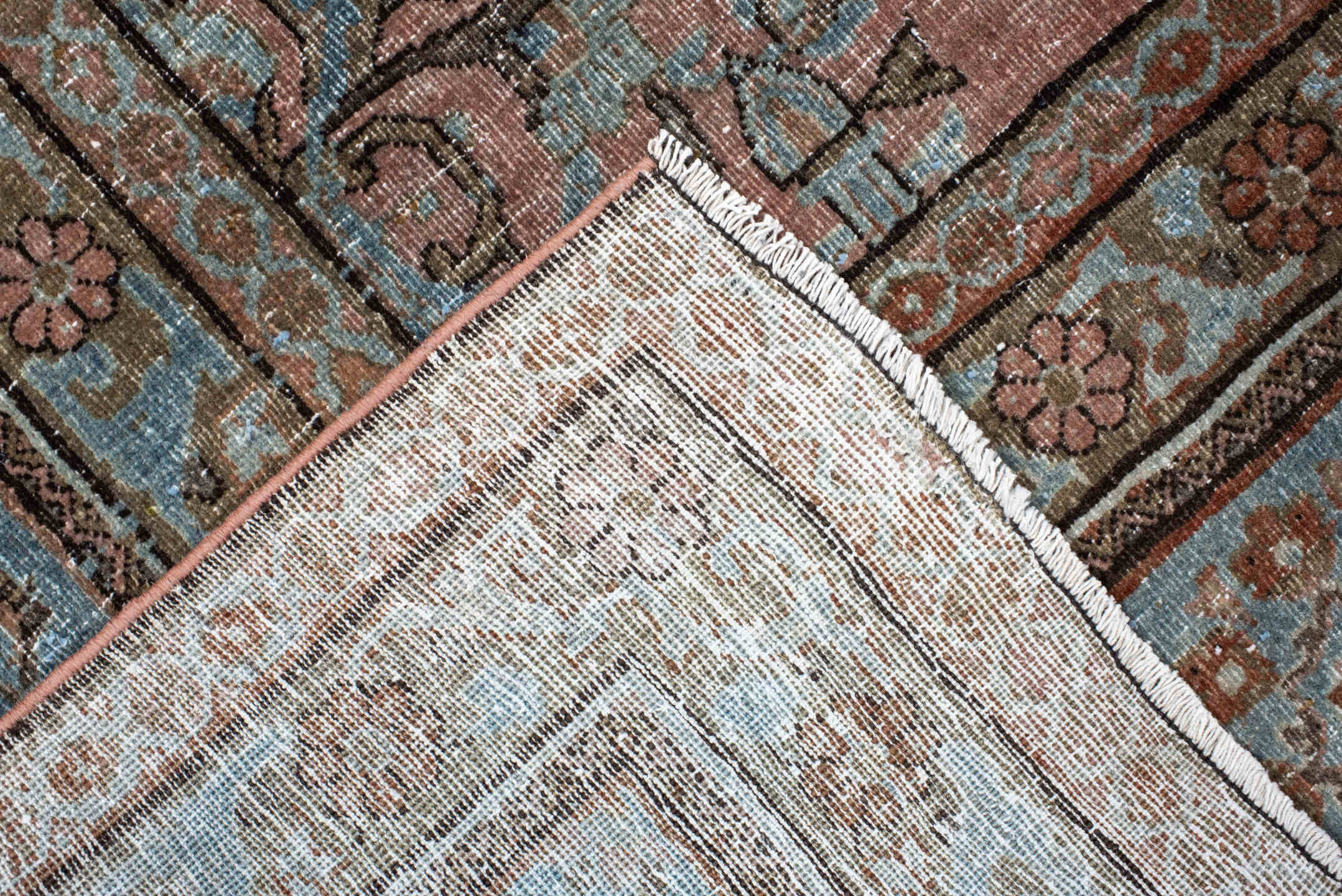 5' x 8' one-of-a-kind handmade vintage Kashan medium size rug. Color palette: blush, aqua, ivory, taupe, rose, brown, pink