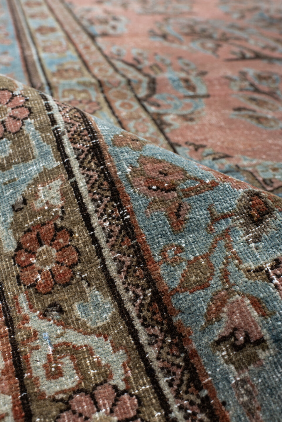 5' x 8' one-of-a-kind handmade vintage Kashan medium size rug. Color palette: blush, aqua, ivory, taupe, rose, brown, pink