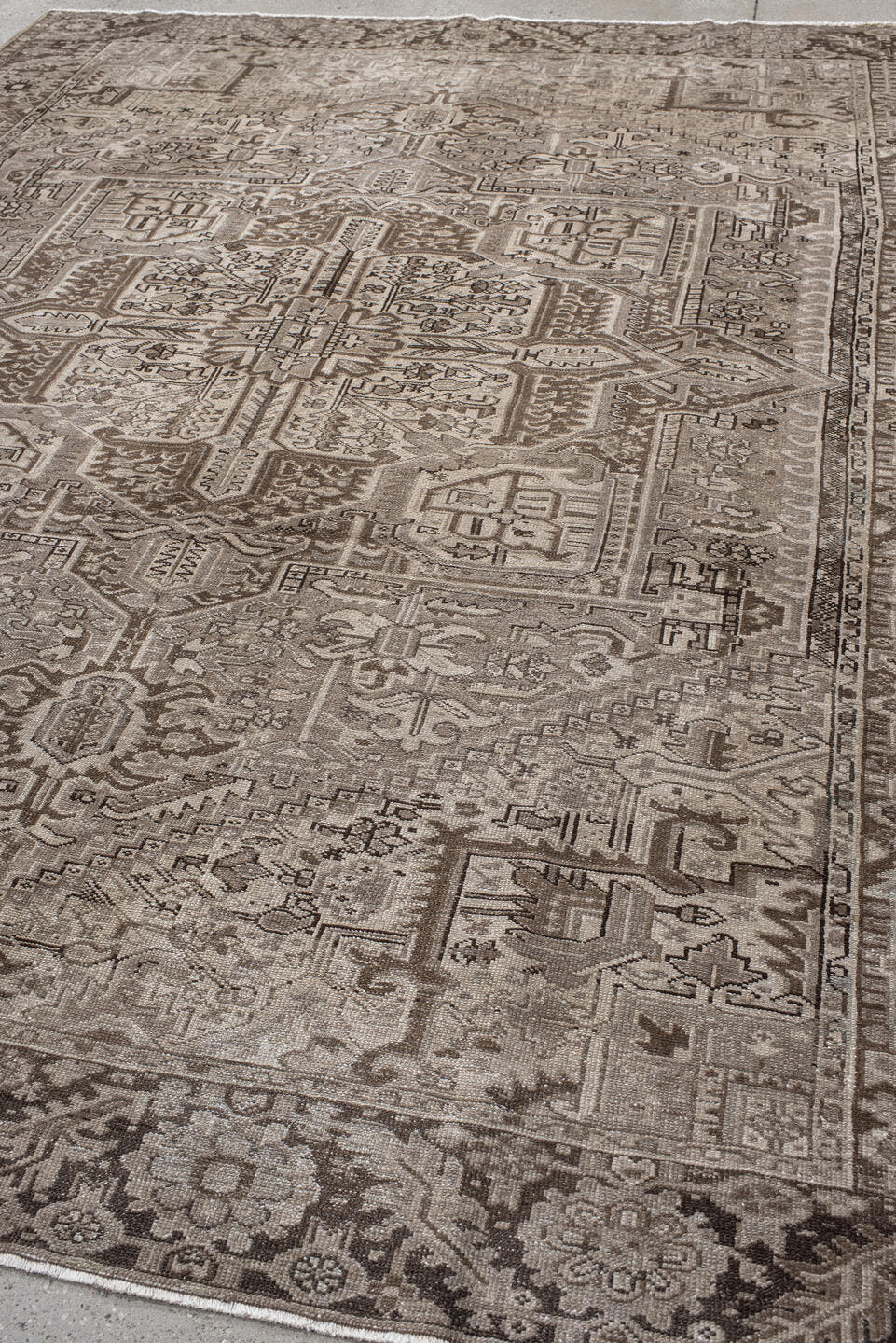 9' x 11' one-of-a-kind handmade vintage Karaje large size rug. Color palette: taupe, brown, ivory, camel, charcoal, beige