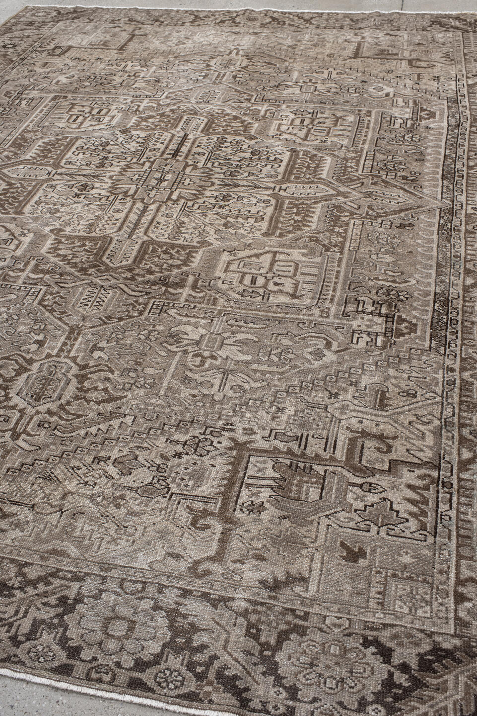 9' x 11' one-of-a-kind handmade vintage Karaje large size rug. Color palette: taupe, brown, ivory, camel, charcoal, beige