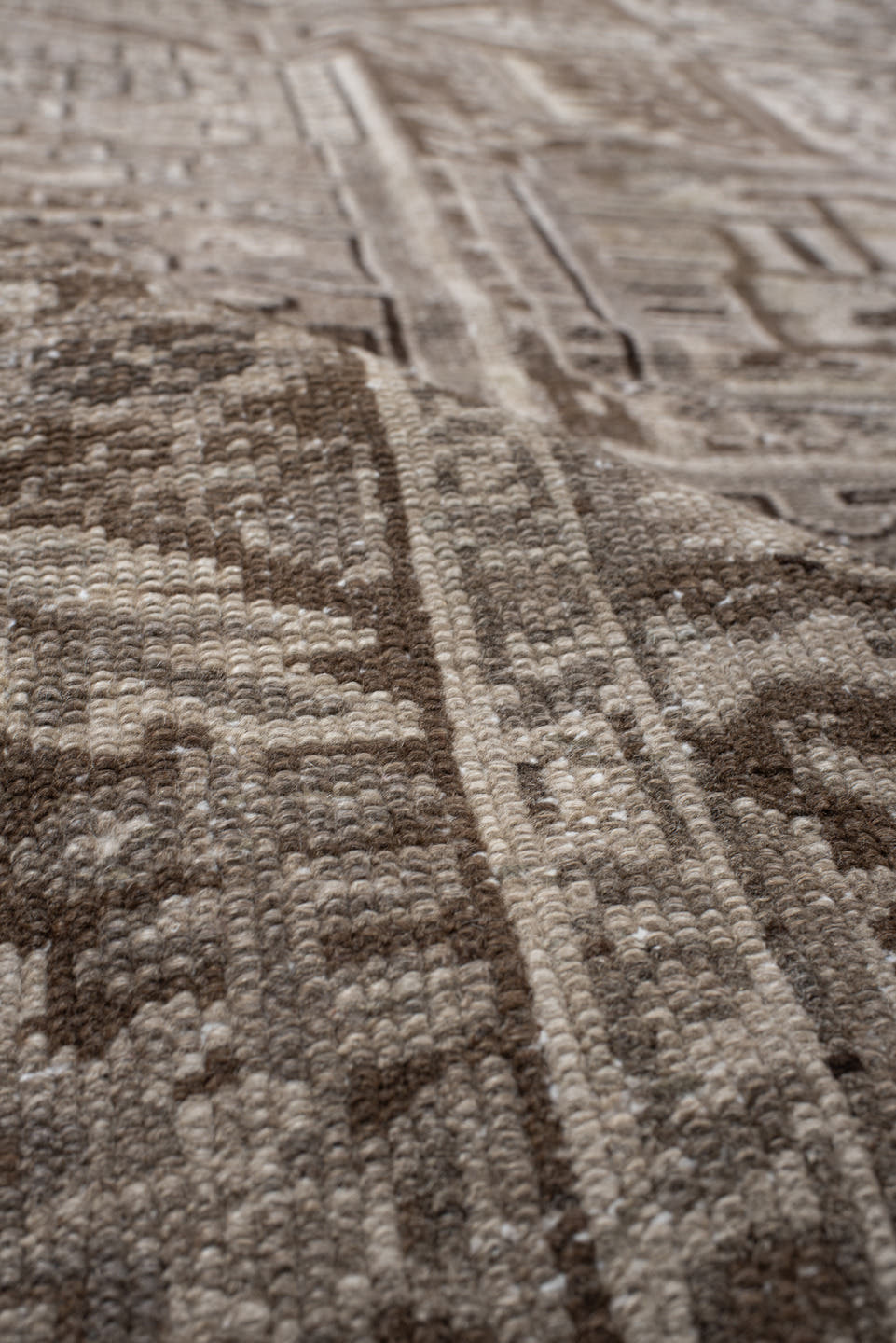 9' x 11' one-of-a-kind handmade vintage Karaje large size rug. Color palette: taupe, brown, ivory, camel, charcoal, beige