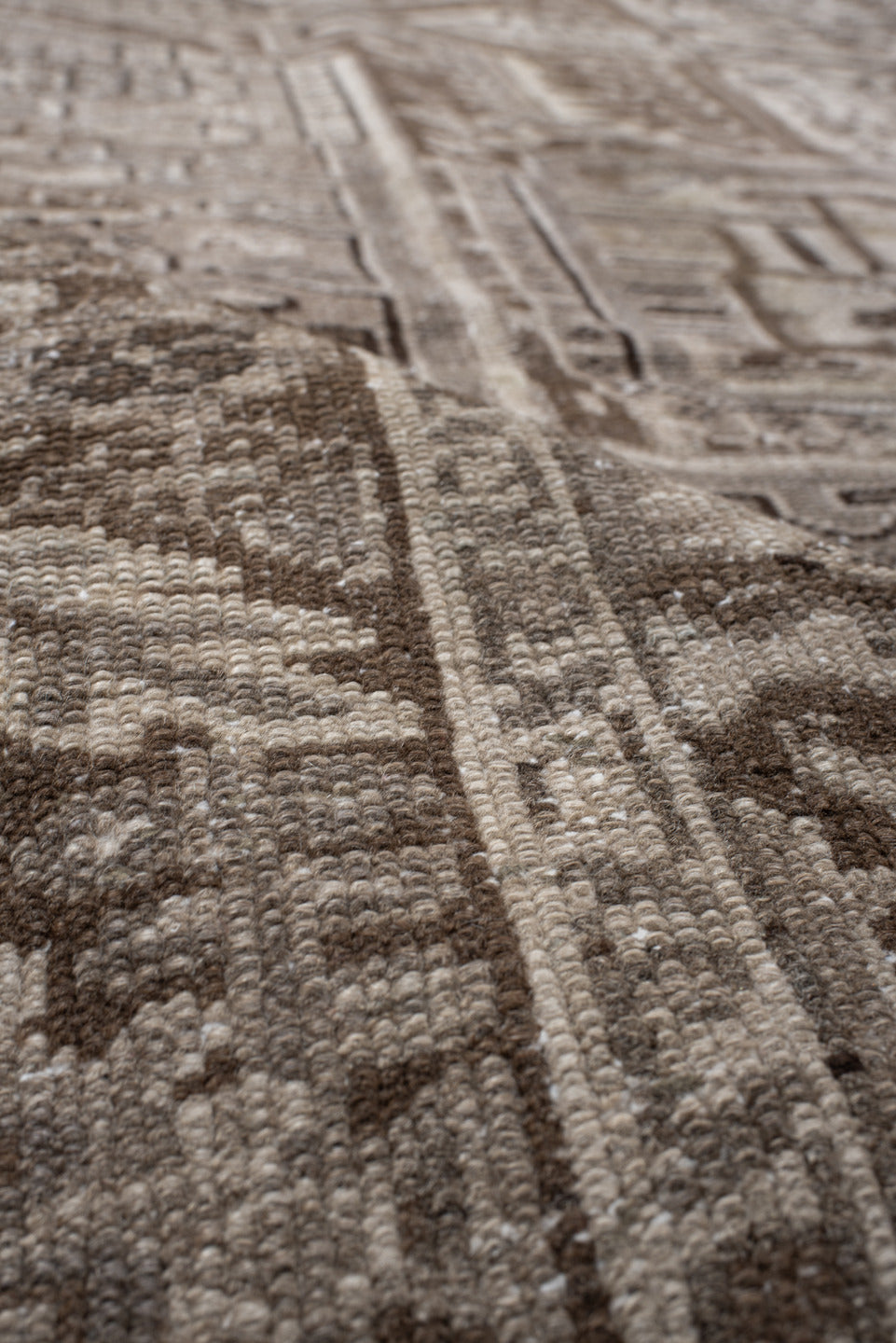 9' x 11' one-of-a-kind handmade vintage Karaje large size rug. Color palette: taupe, brown, ivory, camel, charcoal, beige