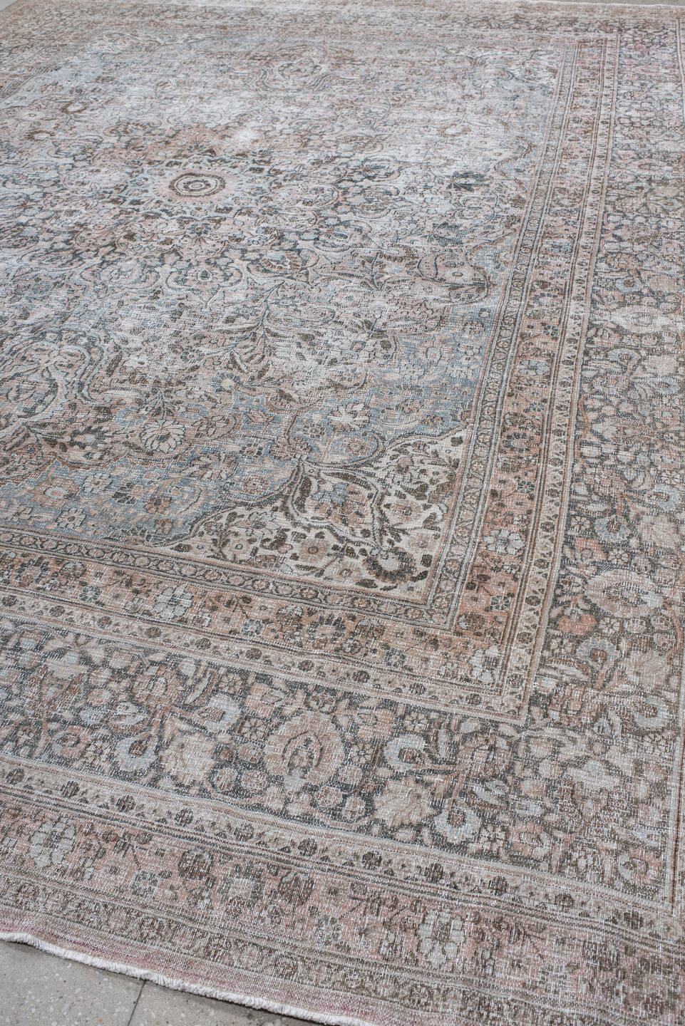 10' x 13' one-of-a-kind handmade antique Khorassan large size rug. Color palette: pale blue, blush, ivory, taupe, rose