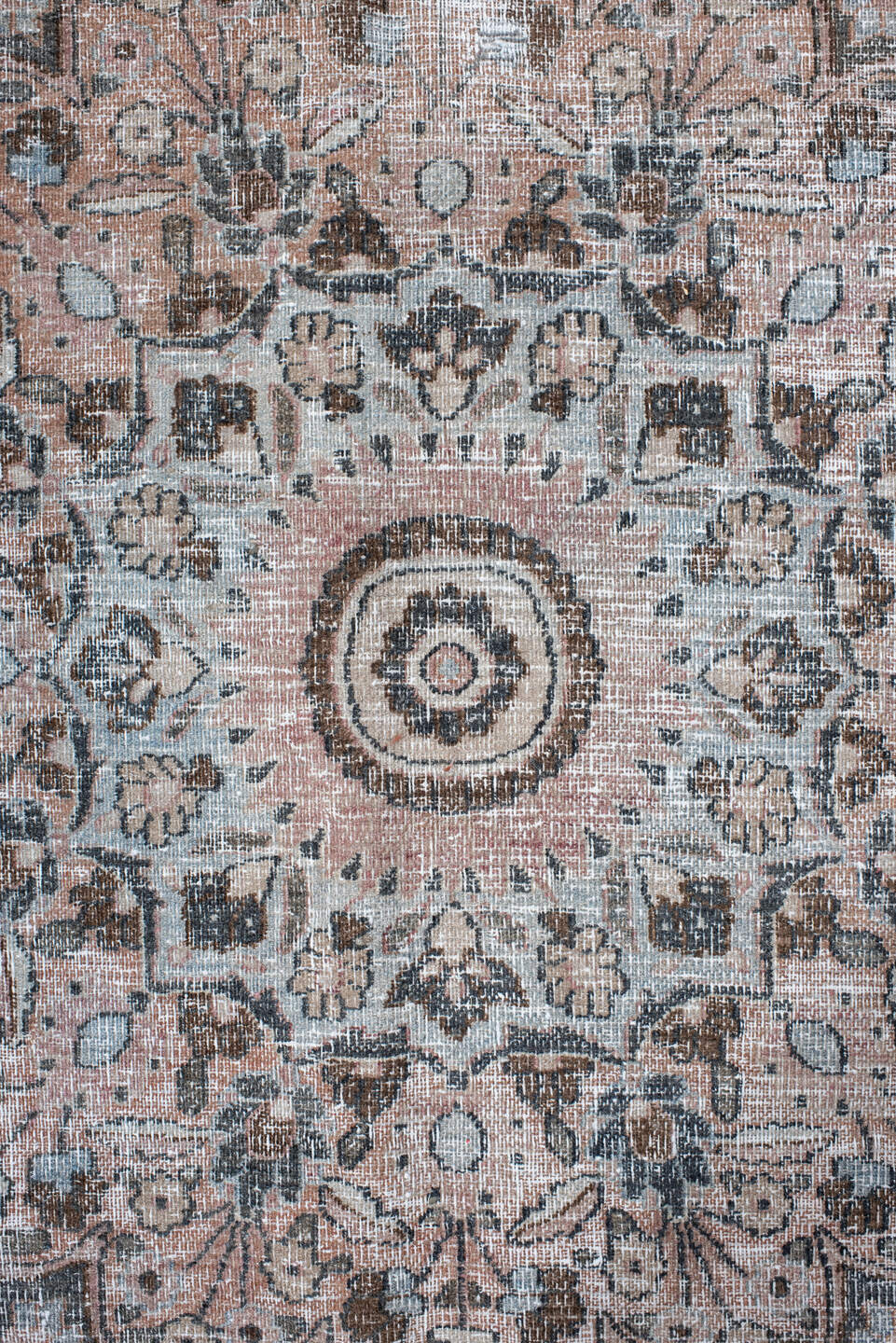 10' x 13' one-of-a-kind handmade antique Khorassan large size rug. Color palette: pale blue, blush, ivory, taupe, rose