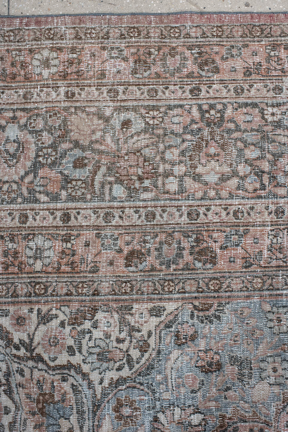 10' x 13' one-of-a-kind handmade antique Khorassan large size rug. Color palette: pale blue, blush, ivory, taupe, rose