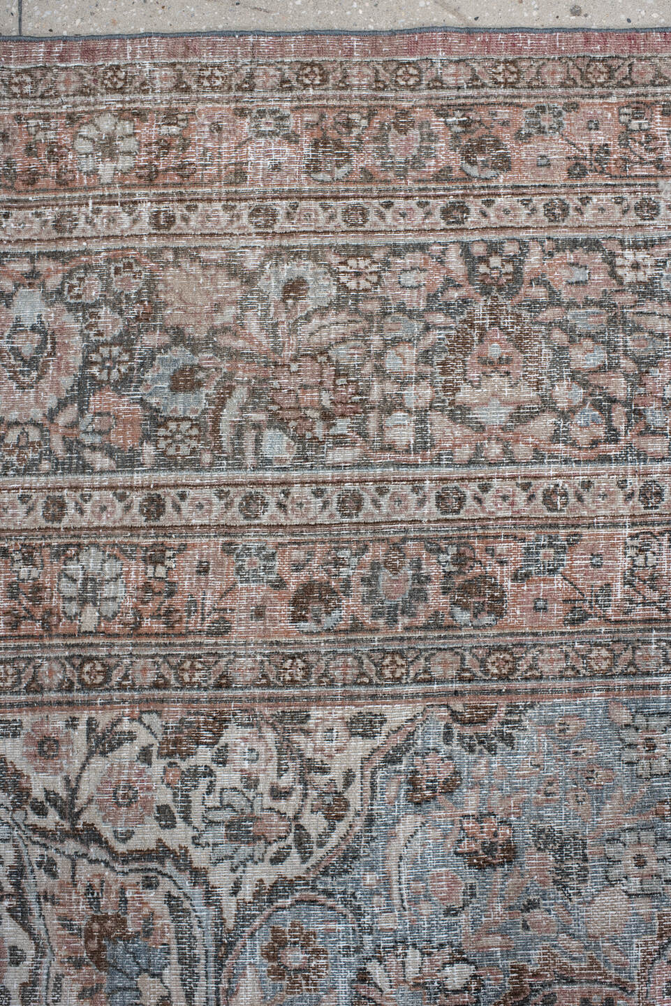 10' x 13' one-of-a-kind handmade antique Khorassan large size rug. Color palette: pale blue, blush, ivory, taupe, rose