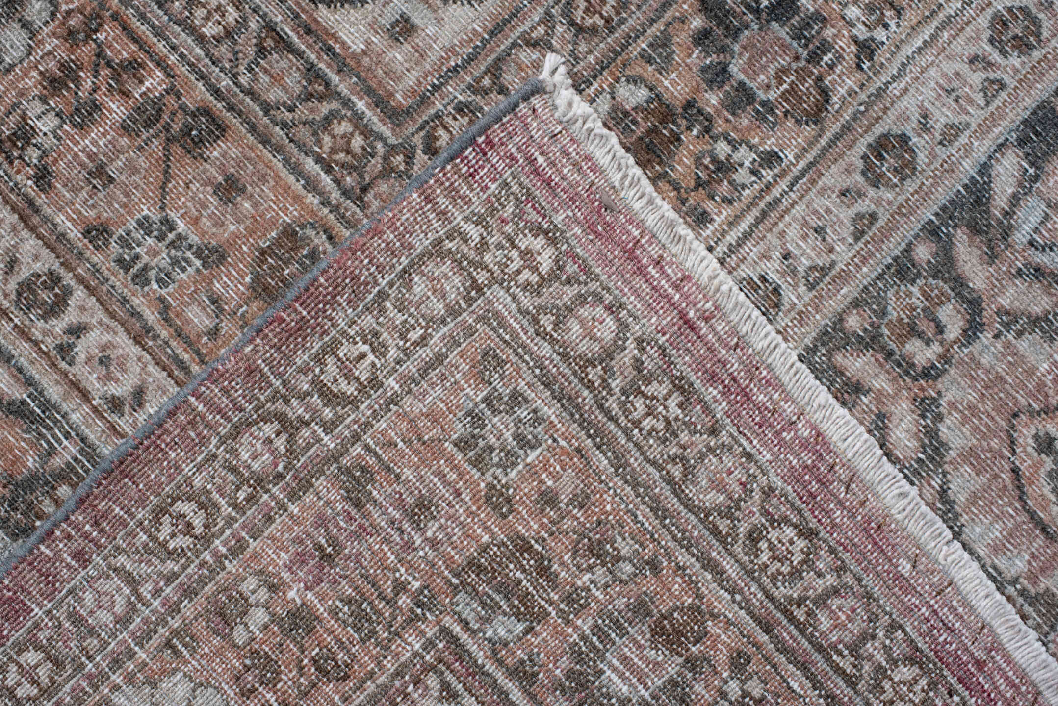 10' x 13' one-of-a-kind handmade vintage Khorassan large size rug. Color palette: light gray, off-white, gray, pink