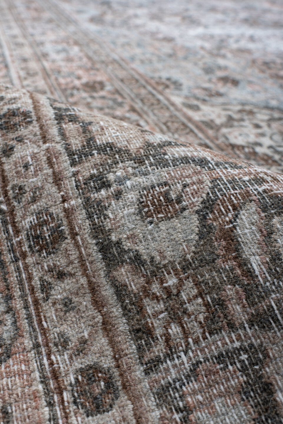 10' x 13' one-of-a-kind handmade antique Khorassan large size rug. Color palette: pale blue, blush, ivory, taupe, rose