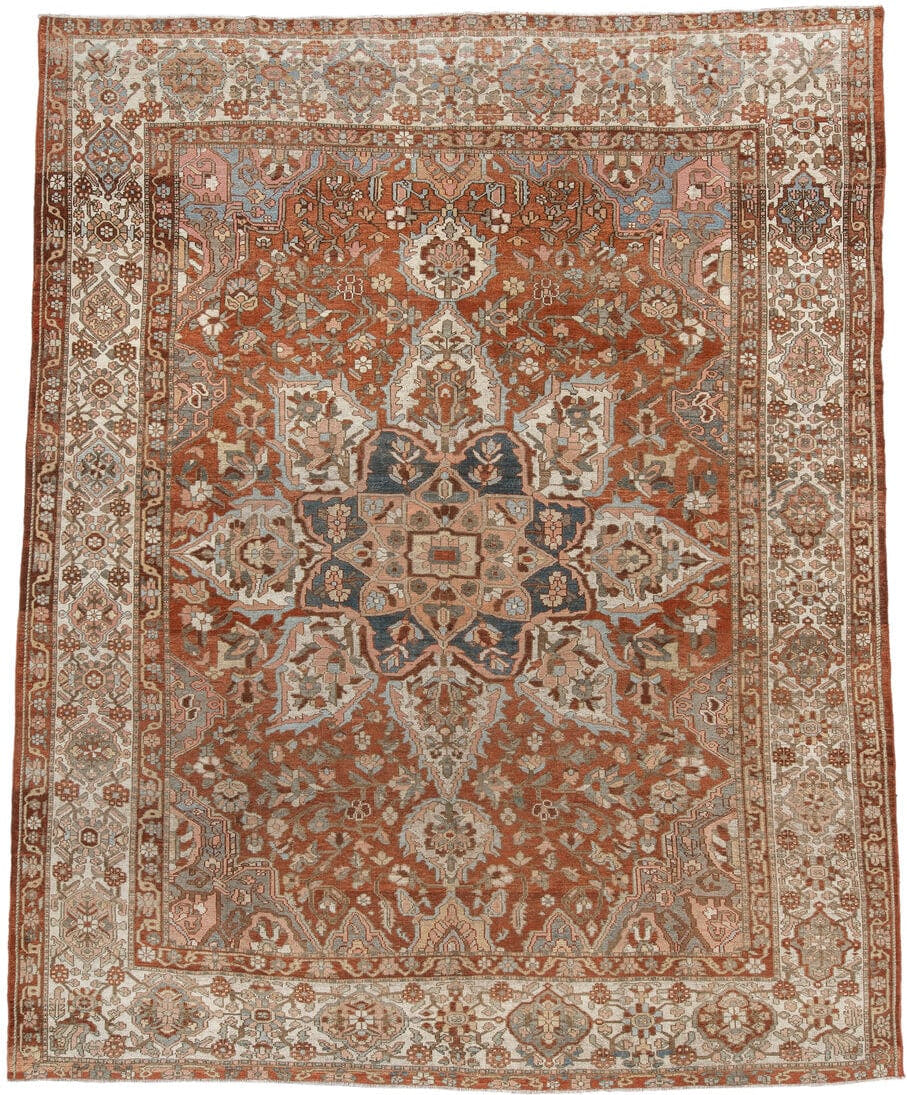 10' x 13' one-of-a-kind handmade vintage Baktiary large size rug. Color palette: rust, ivory, dusty_blue, rose, taupe, camel