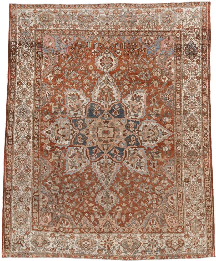 10' x 13' one-of-a-kind handmade vintage Baktiary large size rug. Color palette: rust, ivory, dusty_blue, rose, taupe, camel