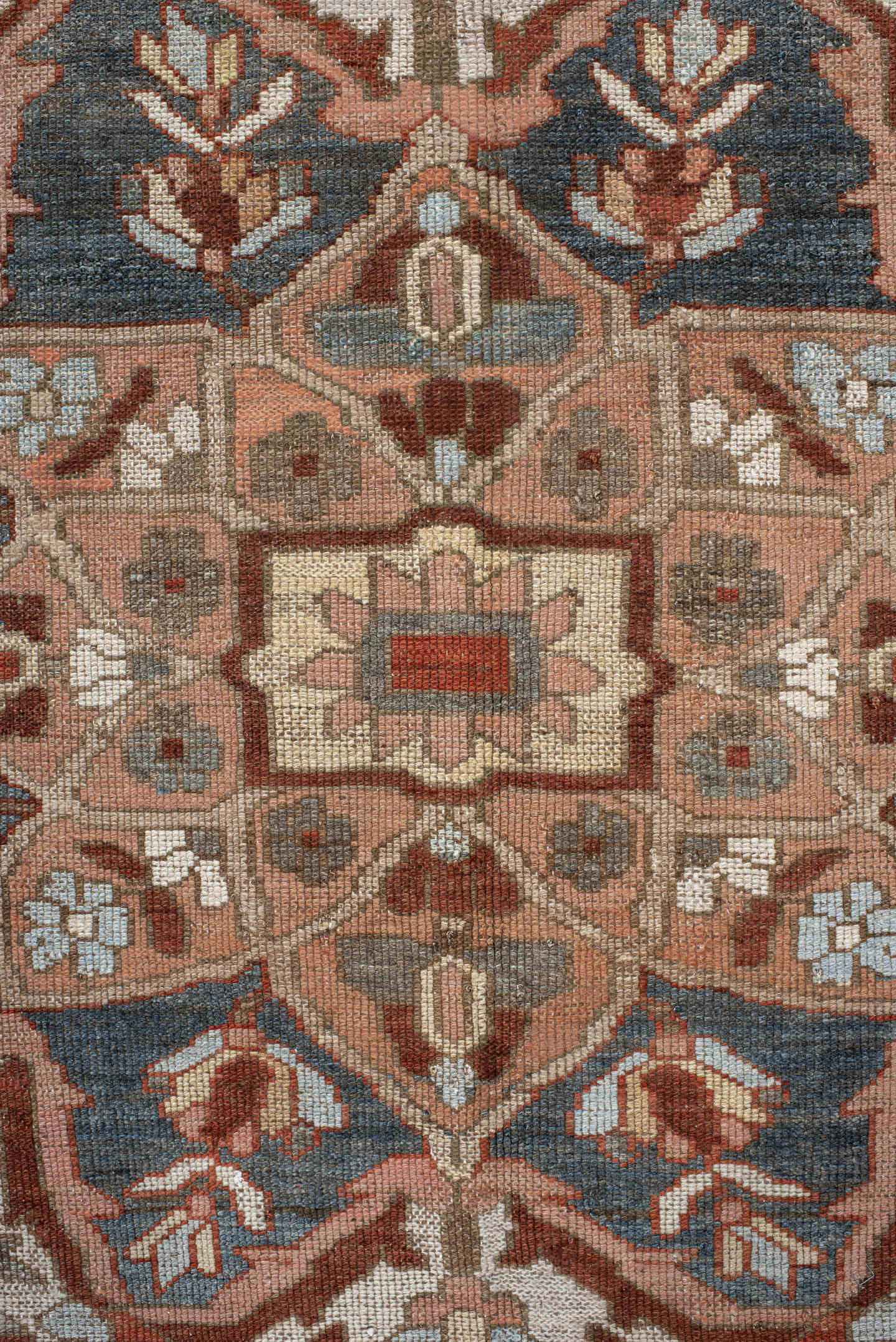 10' x 13' one-of-a-kind handmade vintage Baktiary large size rug. Color palette: rust, ivory, dusty_blue, rose, taupe, camel