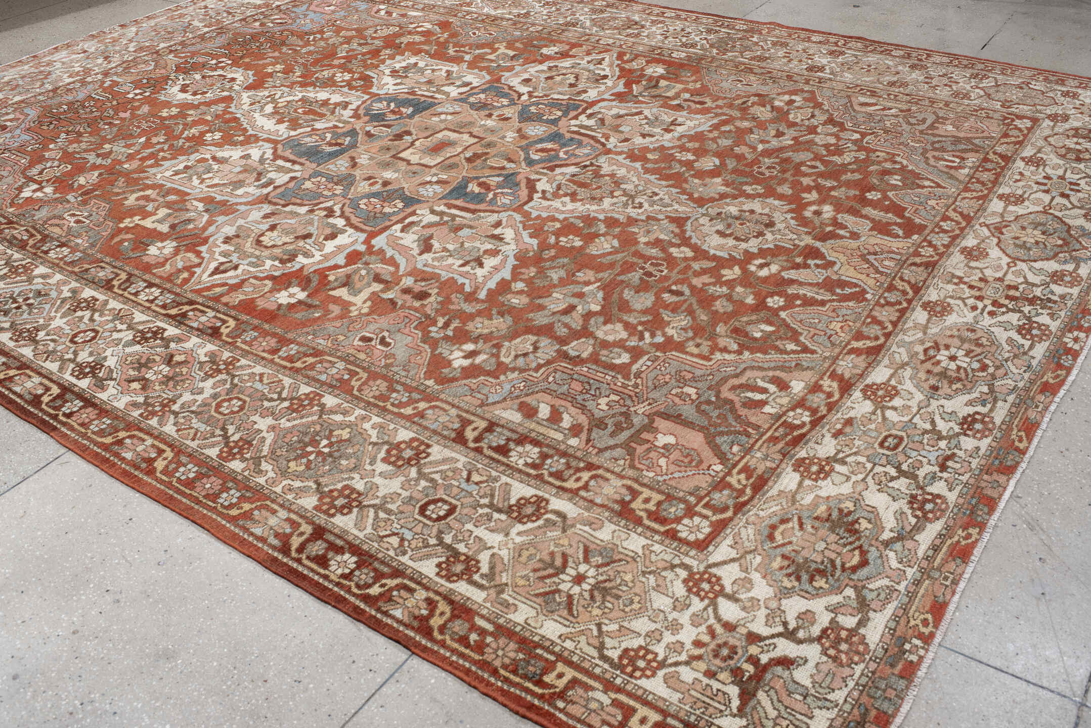 10' x 13' one-of-a-kind handmade vintage Baktiary large size rug. Color palette: rust, ivory, dusty_blue, rose, taupe, camel