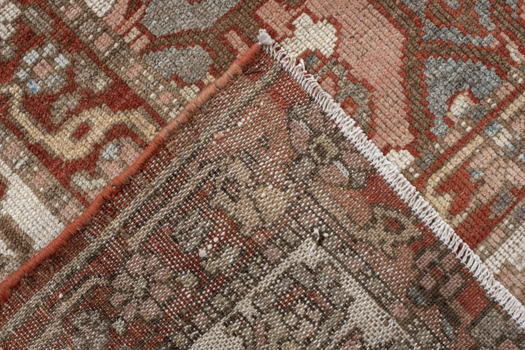 10' x 13' one-of-a-kind handmade vintage Baktiary large size rug. Color palette: rust, ivory, dusty_blue, rose, taupe, camel