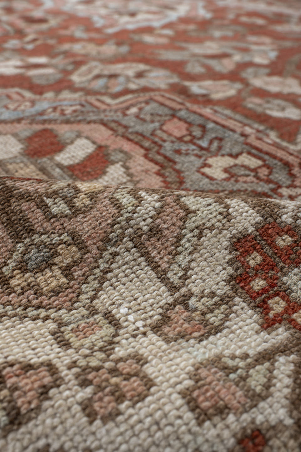 10' x 13' one-of-a-kind handmade vintage Baktiary large size rug. Color palette: rust, ivory, dusty_blue, rose, taupe, camel