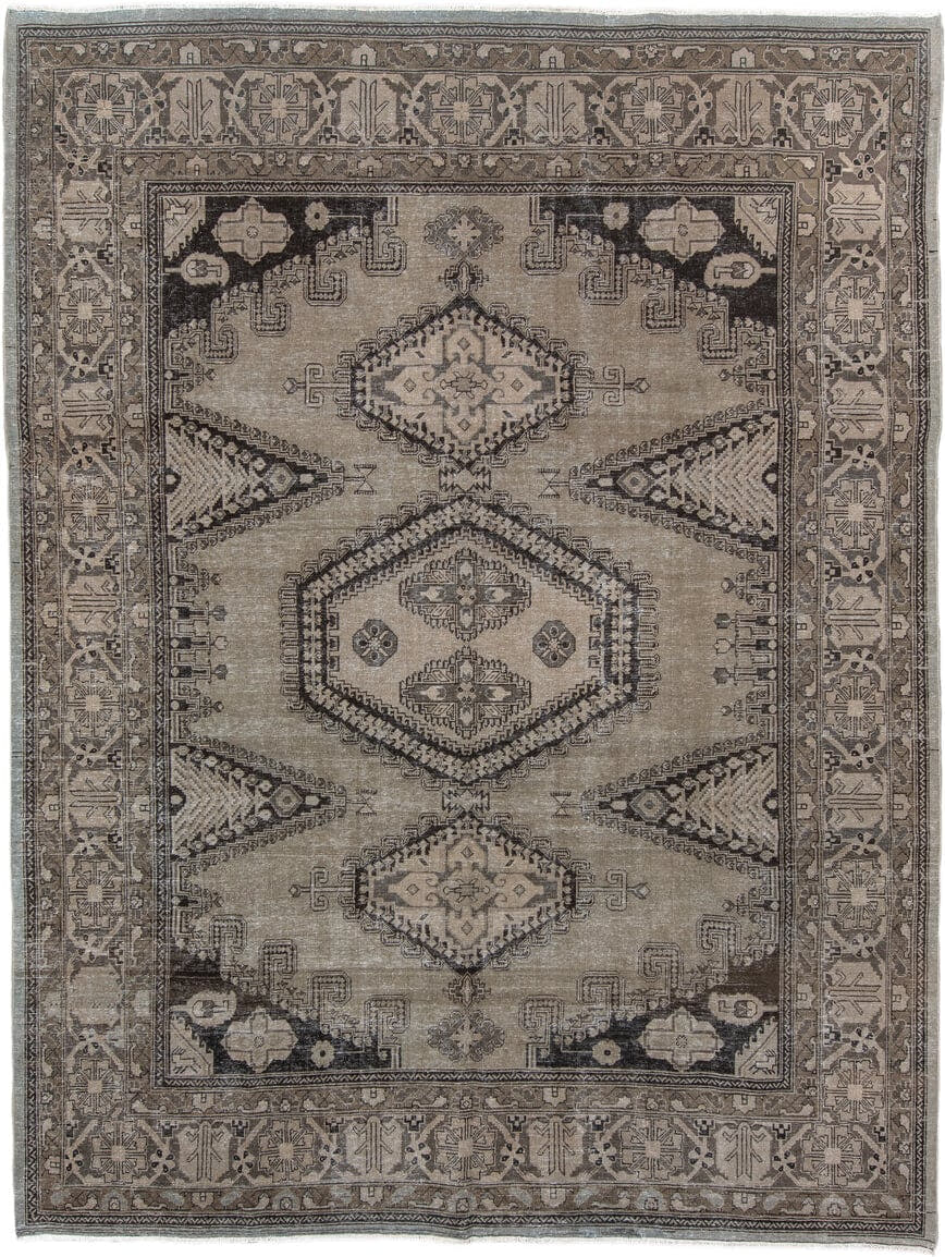 8' x 11' one-of-a-kind handmade vintage Veece large size rug. Color palette: taupe, charcoal, ivory, brown, greige, beige