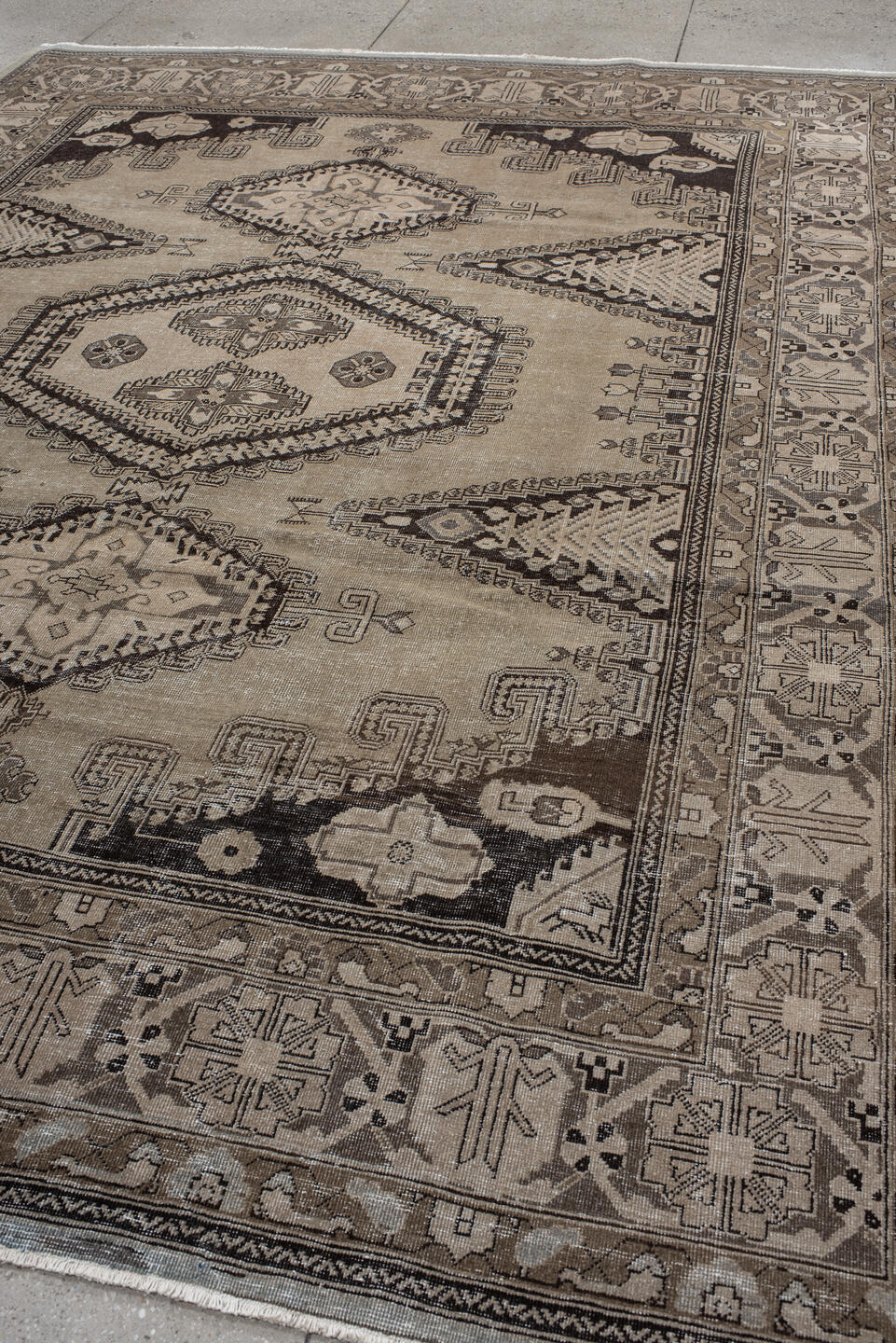 8' x 11' one-of-a-kind handmade vintage Veece large size rug. Color palette: taupe, charcoal, ivory, brown, greige, beige