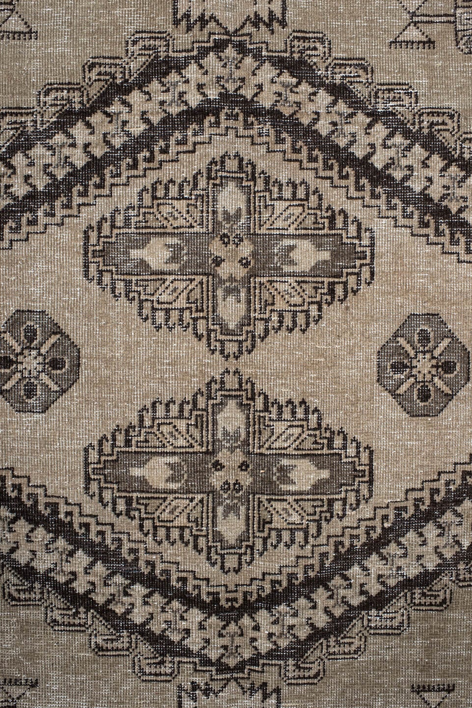 8' x 11' one-of-a-kind handmade vintage Veece large size rug. Color palette: taupe, charcoal, ivory, brown, greige, beige