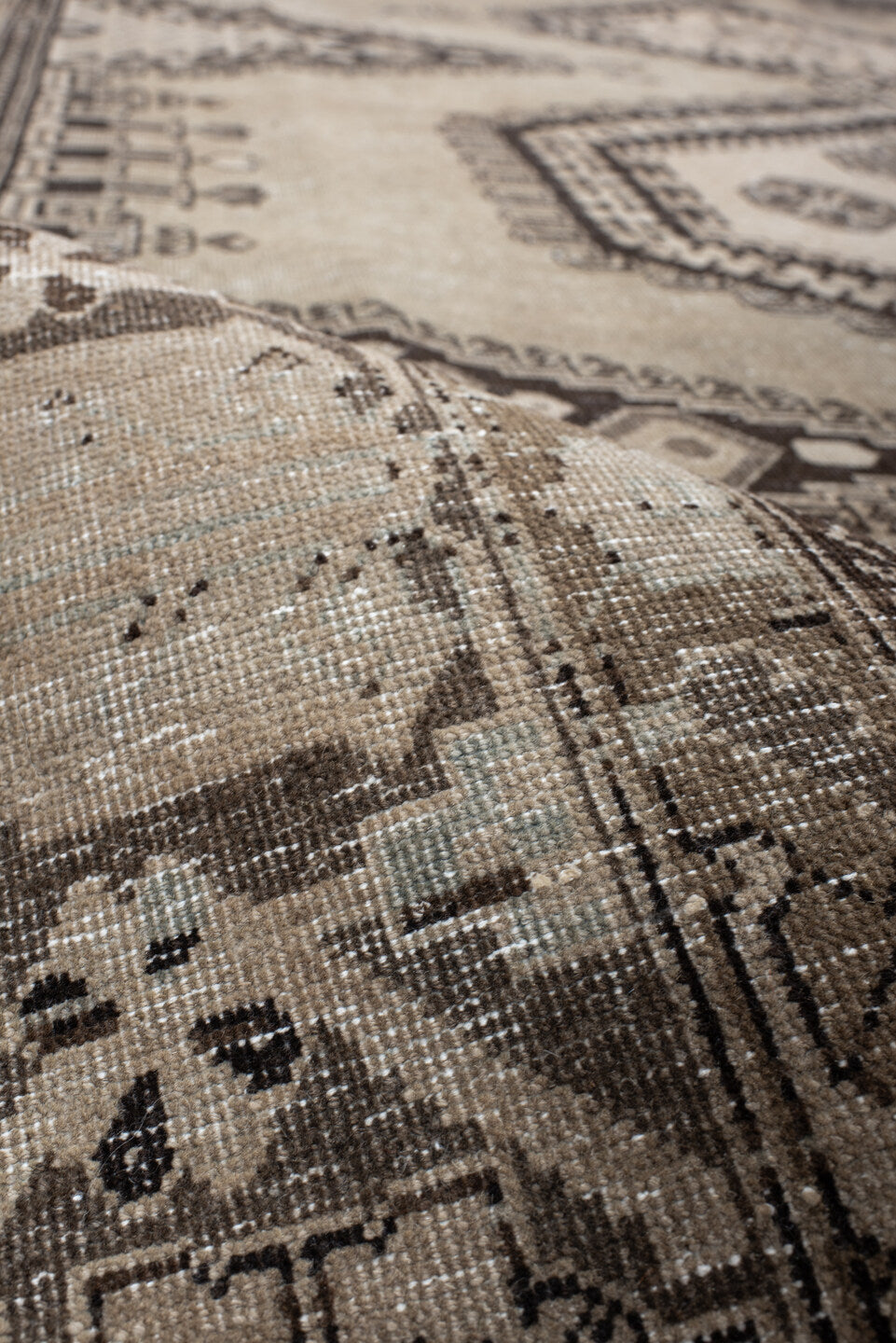 8' x 11' one-of-a-kind handmade vintage Veece large size rug. Color palette: taupe, charcoal, ivory, brown, greige, beige