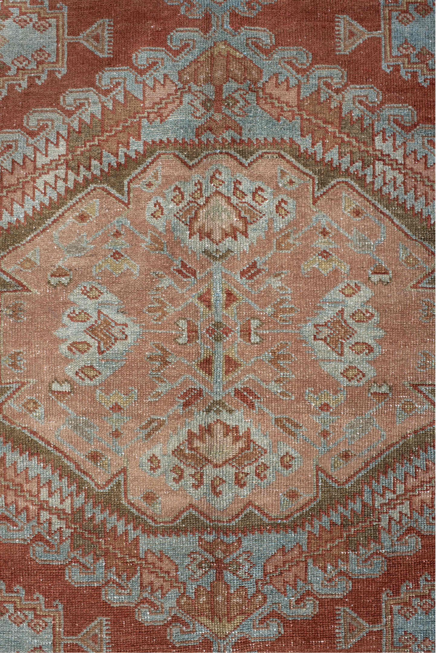 5' x 6' one-of-a-kind handmade vintage Veece rug. Color palette: brown, dark gray, gray, light gray, off-white, pink, red