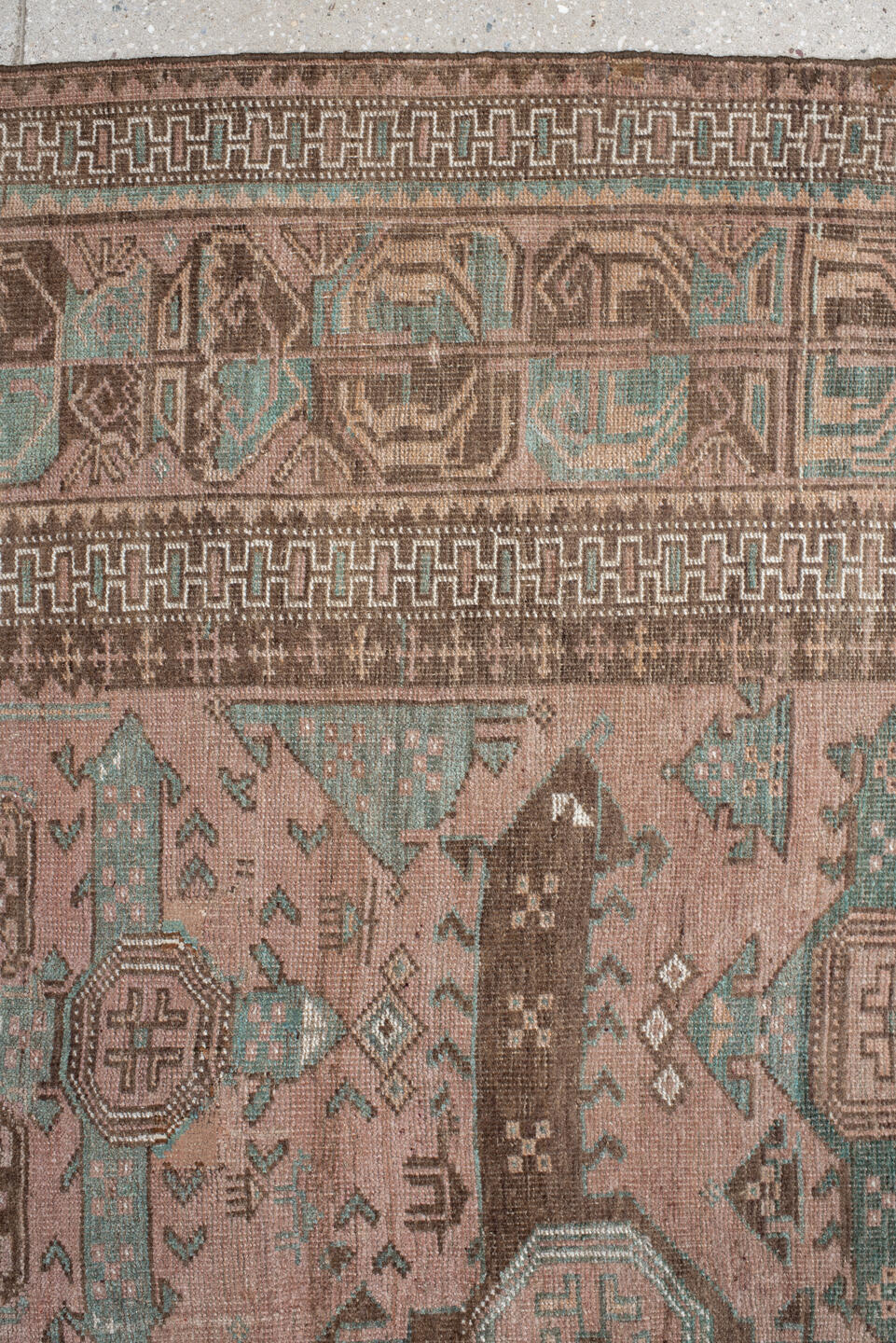 6' x 10' one-of-a-kind handmade vintage Belouch large size rug. Color palette: gray, light gray, brown, off-white, pink