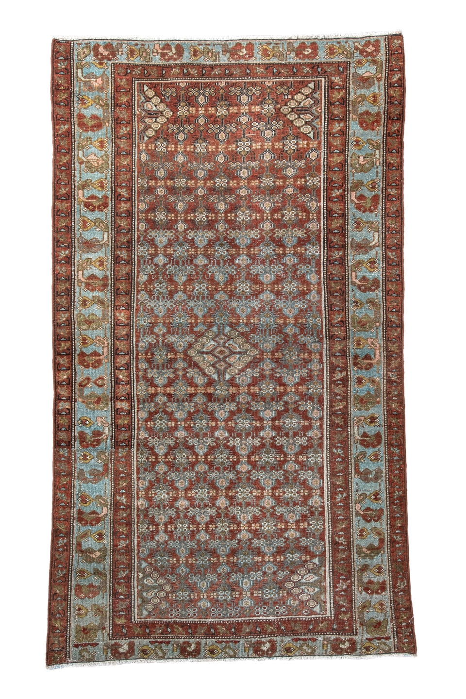 3' x 5' one-of-a-kind handmade vintage Hamadan small size rug. Color palette: rust, sky blue, ivory, olive, taupe, brown