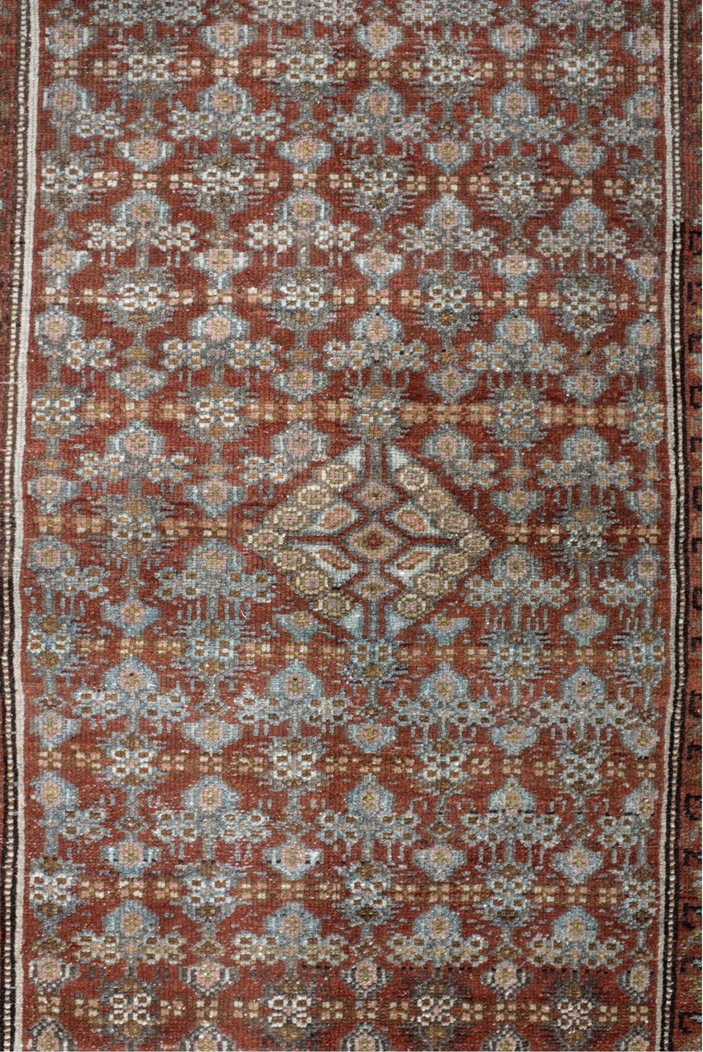 3' x 5' one-of-a-kind handmade vintage Hamadan small size rug. Color palette: rust, sky blue, ivory, olive, taupe, brown