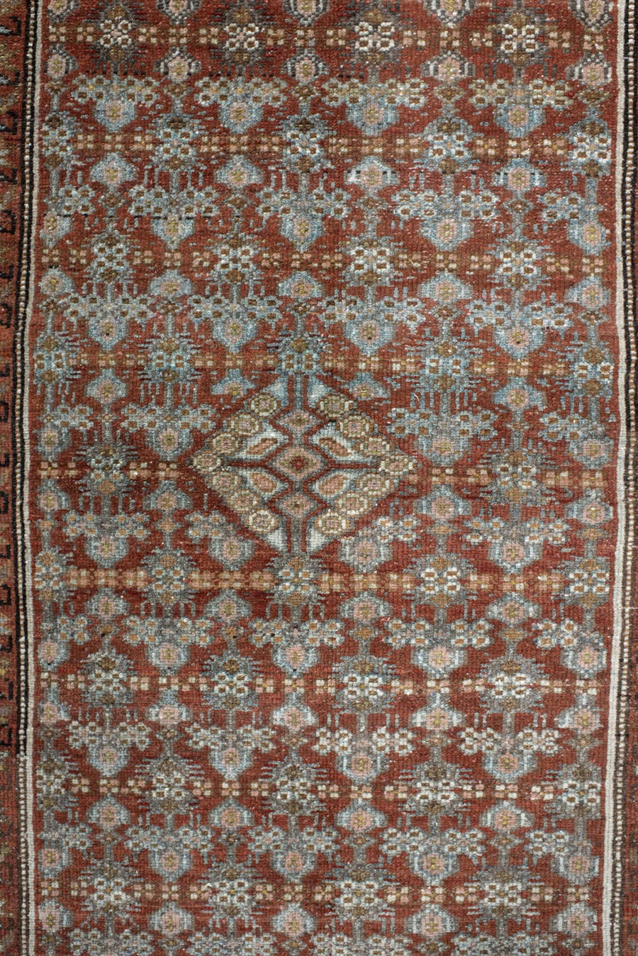 3' x 5' one-of-a-kind handmade vintage Hamadan small size rug. Color palette: rust, sky blue, ivory, olive, taupe, brown