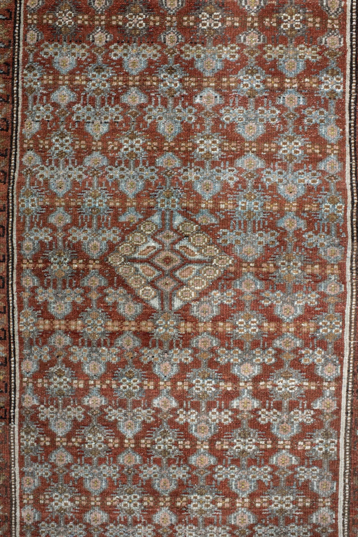 3' x 5' one-of-a-kind handmade vintage Hamadan small size rug. Color palette: rust, sky blue, ivory, olive, taupe, brown