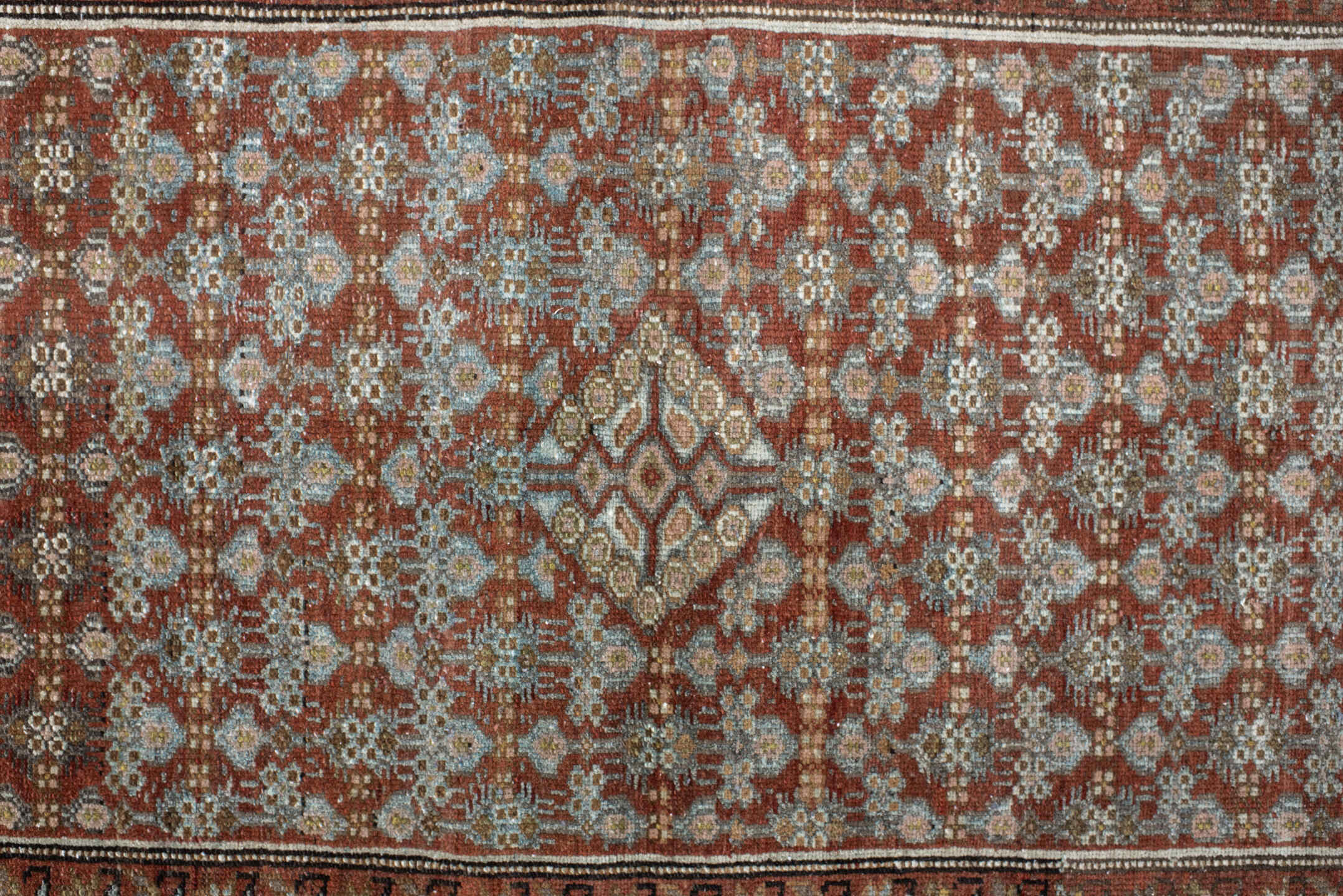 3' x 5' one-of-a-kind handmade vintage Hamadan small size rug. Color palette: rust, sky blue, ivory, olive, taupe, brown