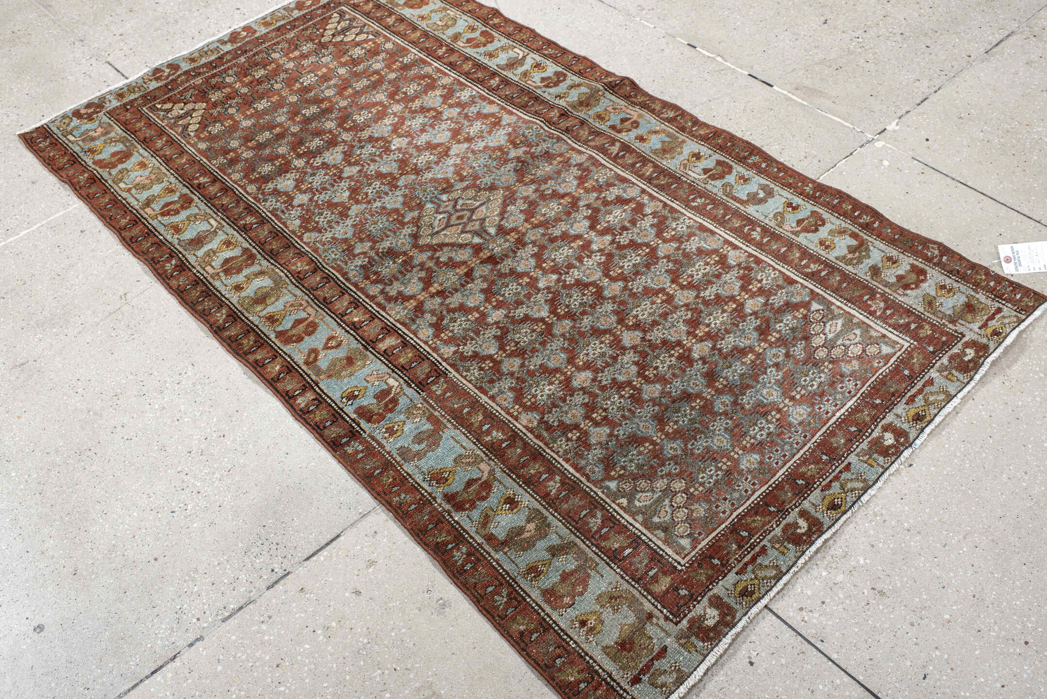 3' x 5' one-of-a-kind handmade vintage Hamadan small size rug. Color palette: rust, sky blue, ivory, olive, taupe, brown